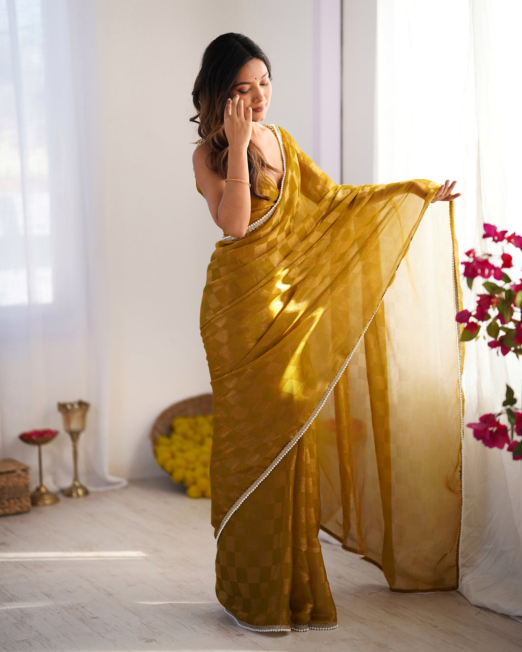 Golden Mustard NC Chiffon Chex Party Wear Saree | Wevon Chex Designer with Moti Lace Border