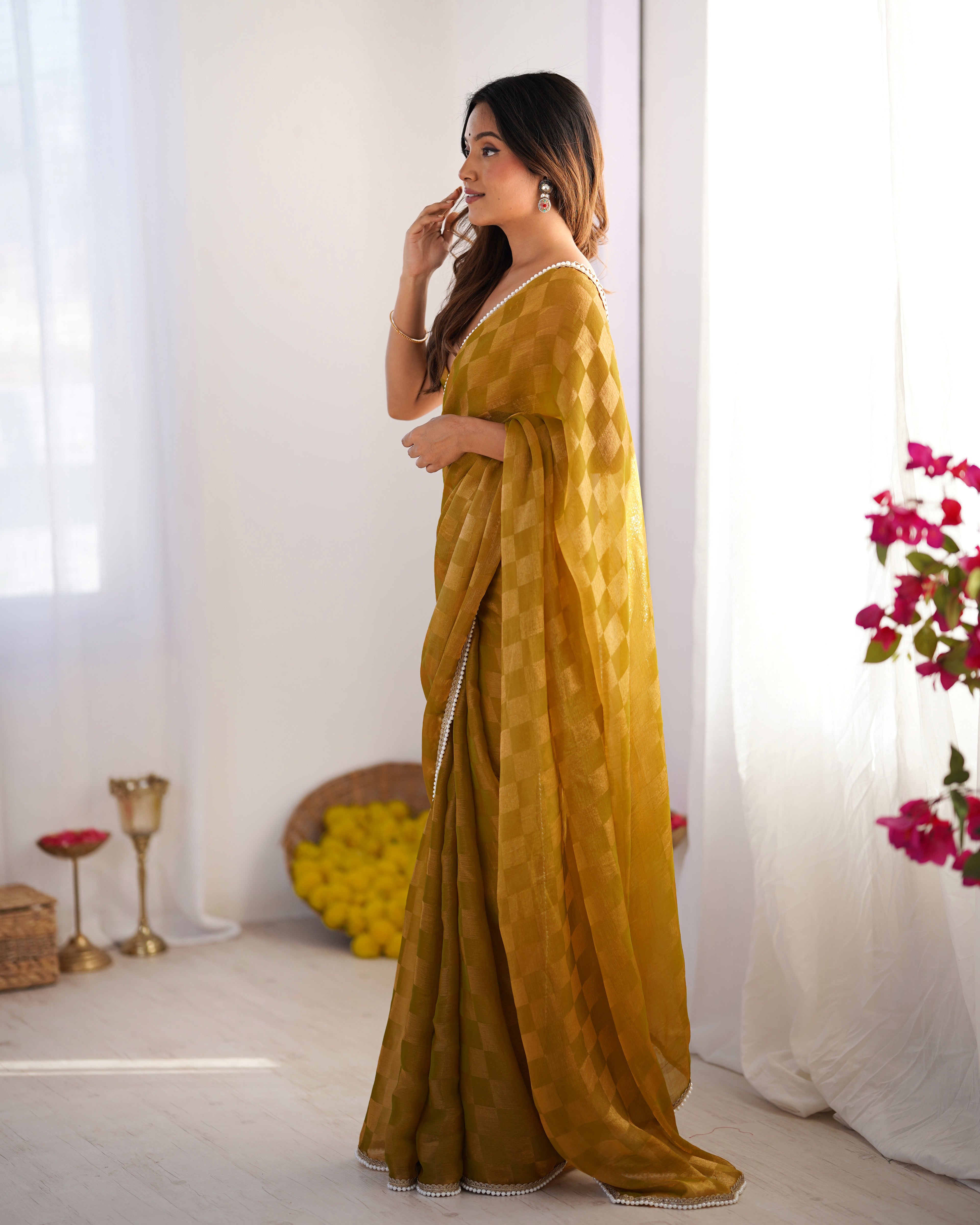 Golden Mustard NC Chiffon Chex Party Wear Saree | Wevon Chex Designer with Moti Lace Border