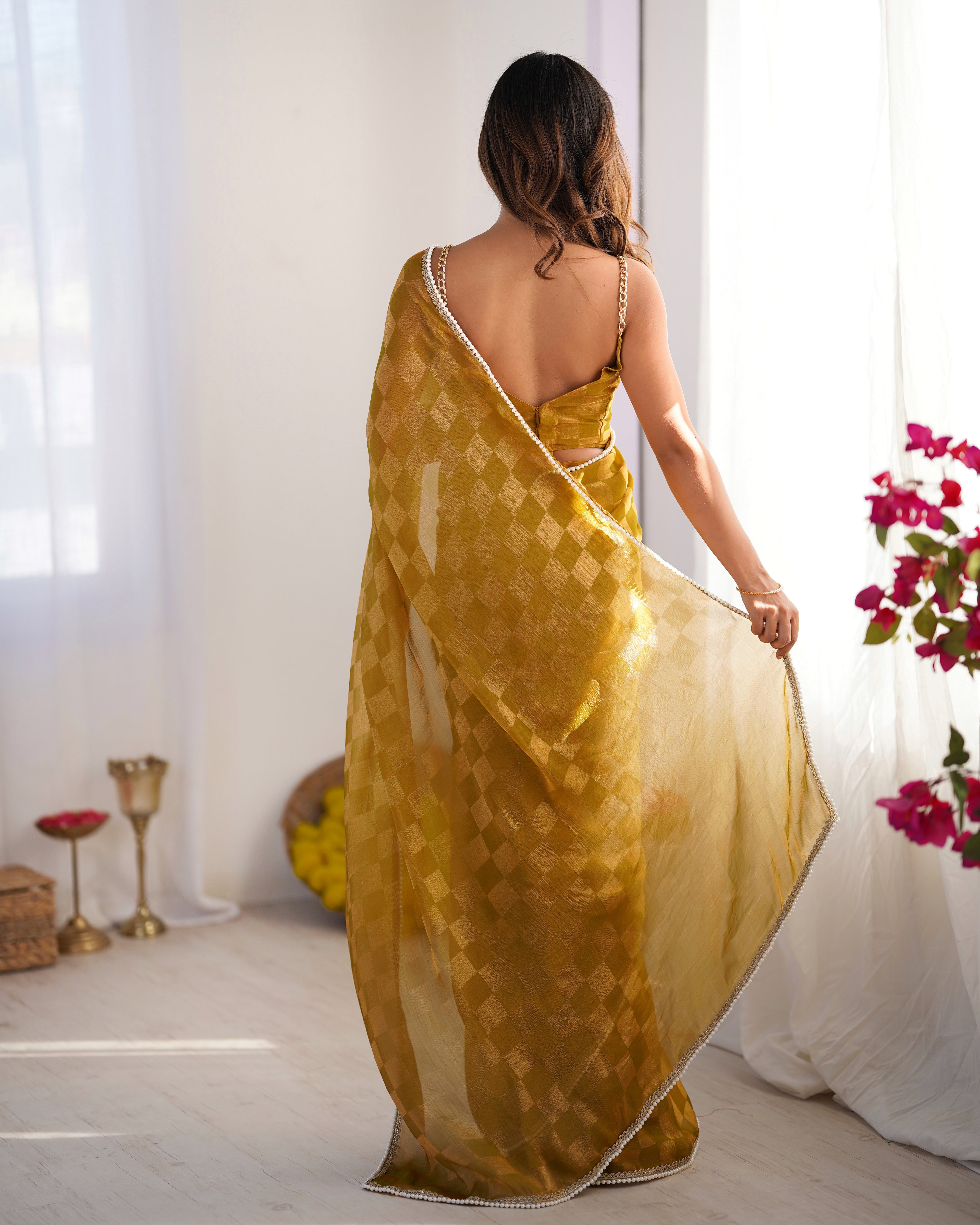 Golden Mustard NC Chiffon Chex Party Wear Saree | Wevon Chex Designer with Moti Lace Border