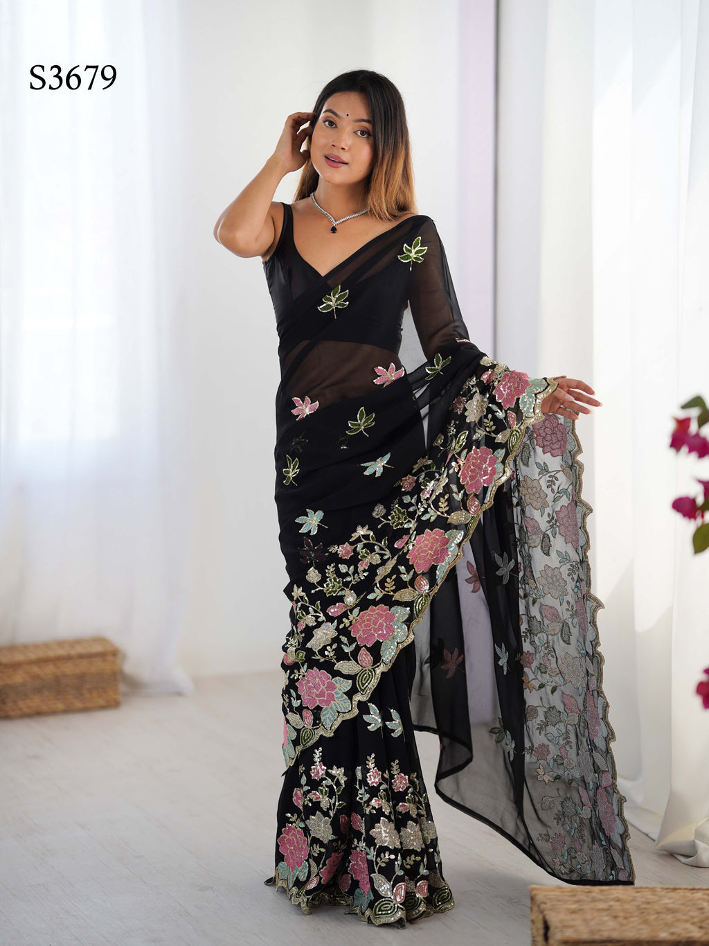 Black Georgette Party Wear Saree | Diamond Silk Blouse with Multi Thread & Sequin Embroidery