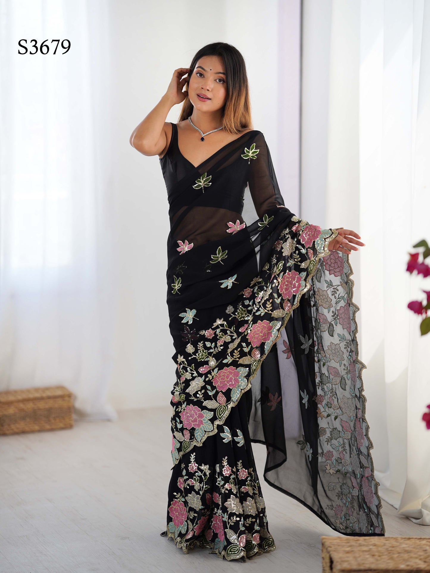 Black Georgette Party Wear Saree | Diamond Silk Blouse with Multi Thread & Sequin Embroidery