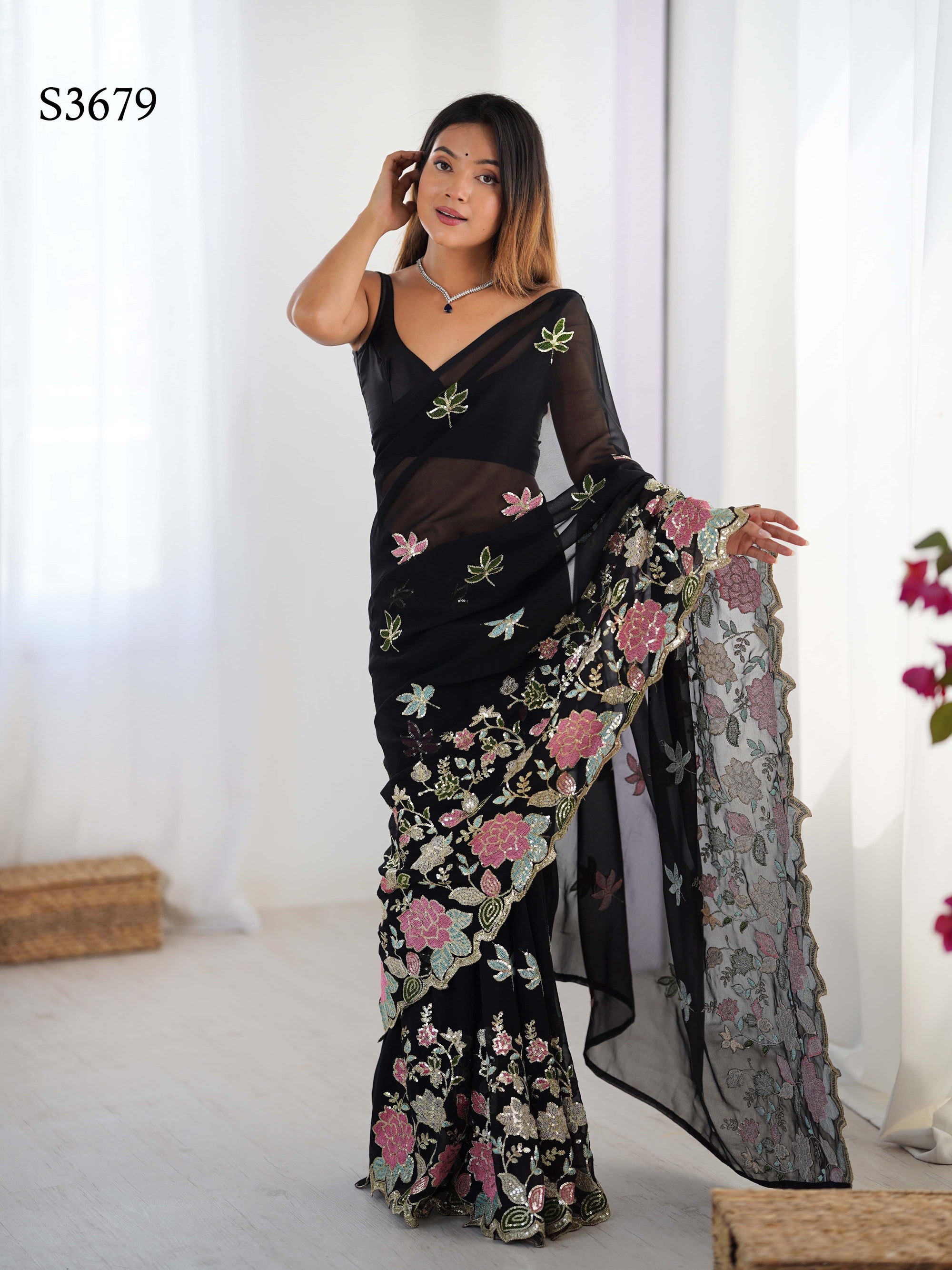 Black Georgette Party Wear Saree | Diamond Silk Blouse with Multi Thread & Sequin Embroidery