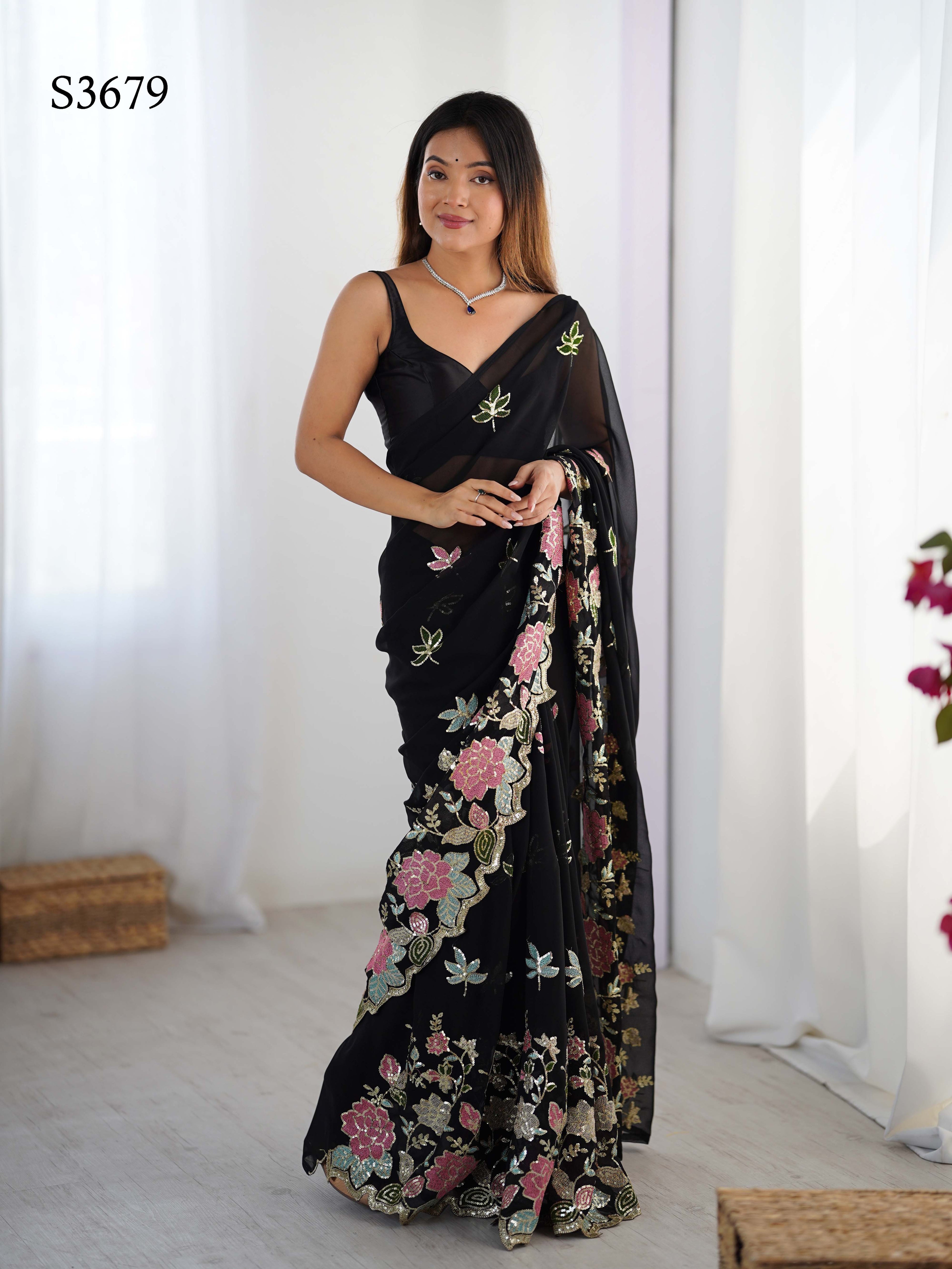 Black Georgette Party Wear Saree | Diamond Silk Blouse with Multi Thread & Sequin Embroidery