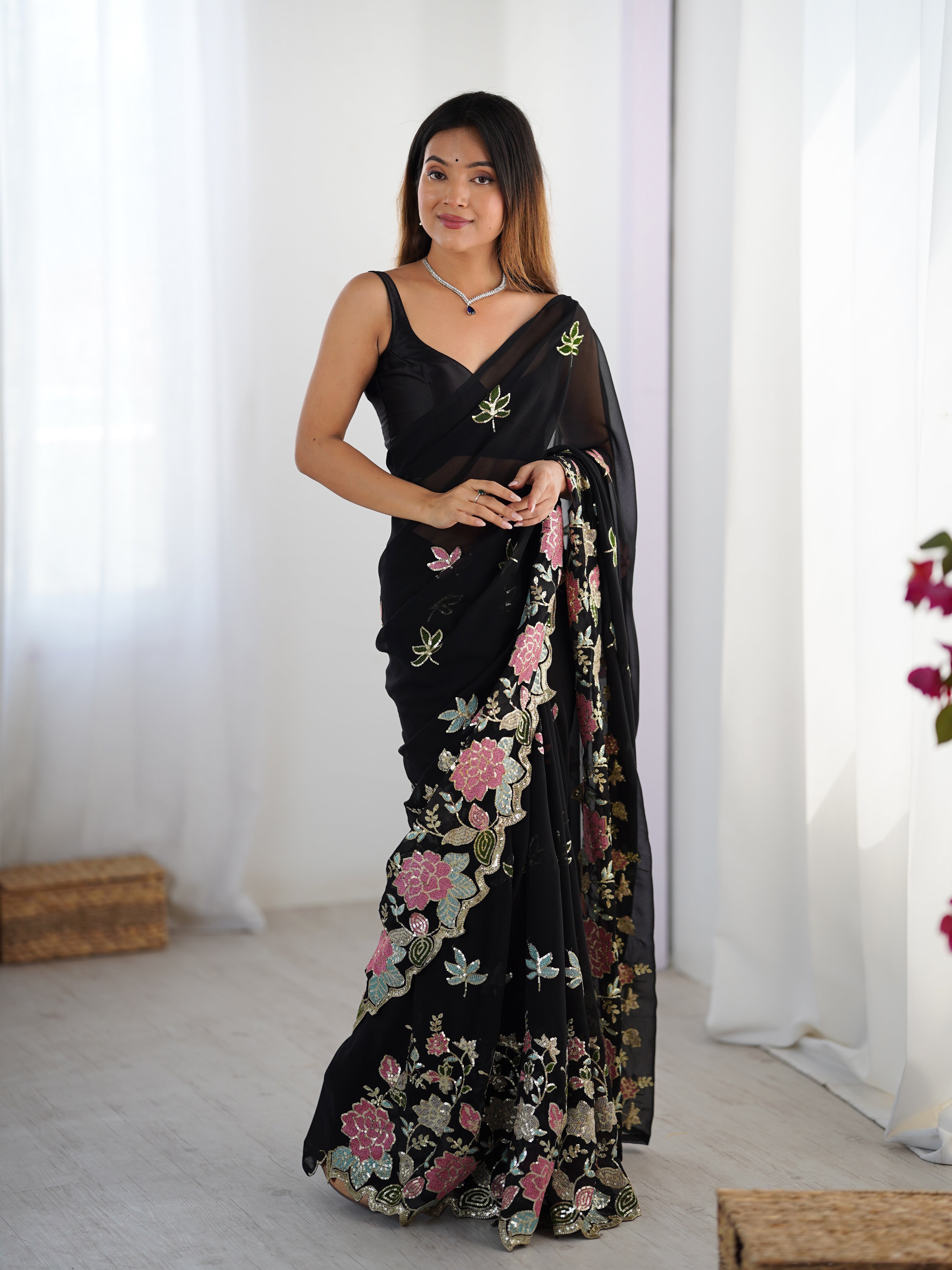 Black Georgette Party Wear Saree | Diamond Silk Blouse with Multi Thread & Sequin Embroidery