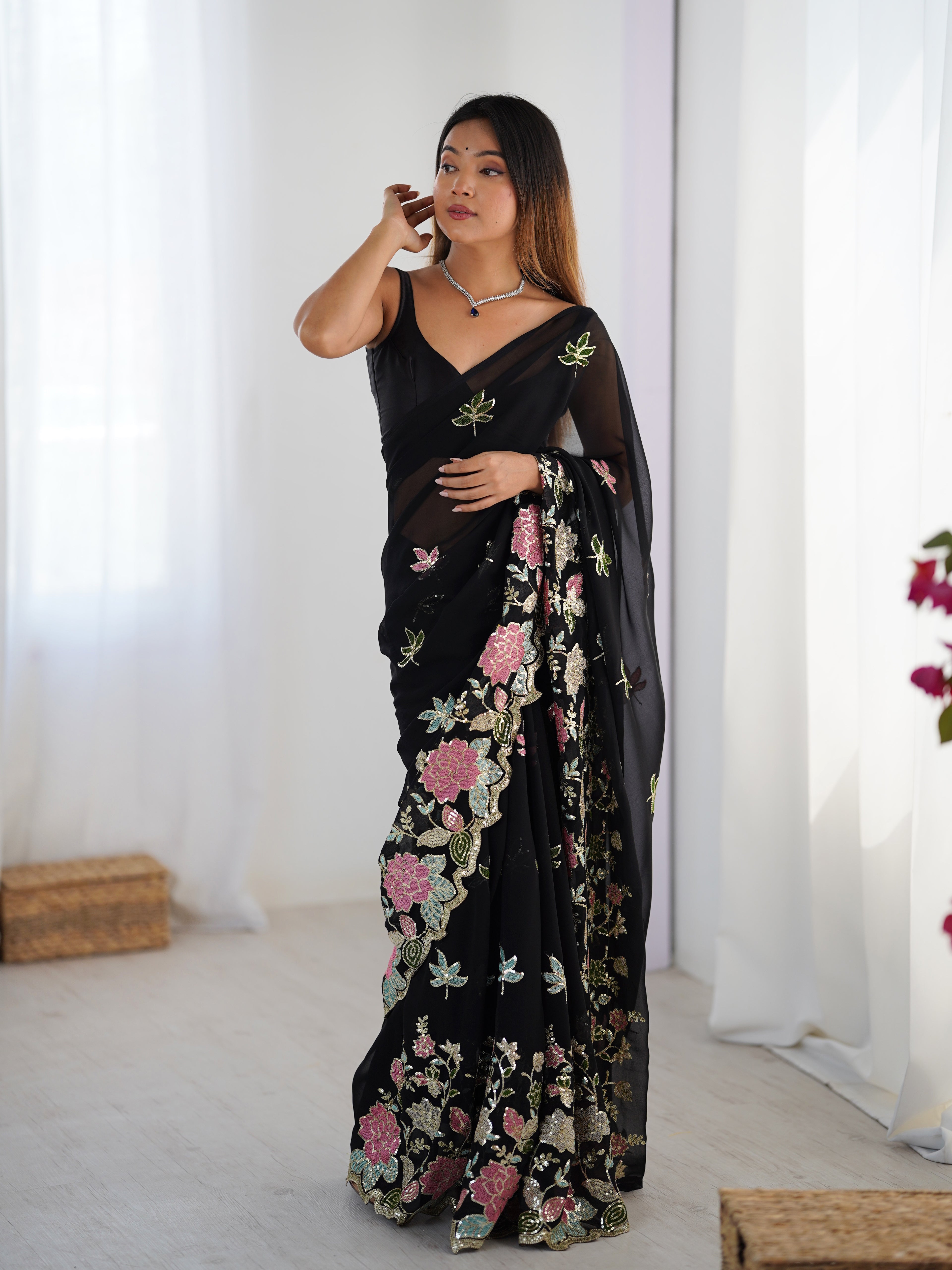 Black Georgette Party Wear Saree | Diamond Silk Blouse with Multi Thread & Sequin Embroidery