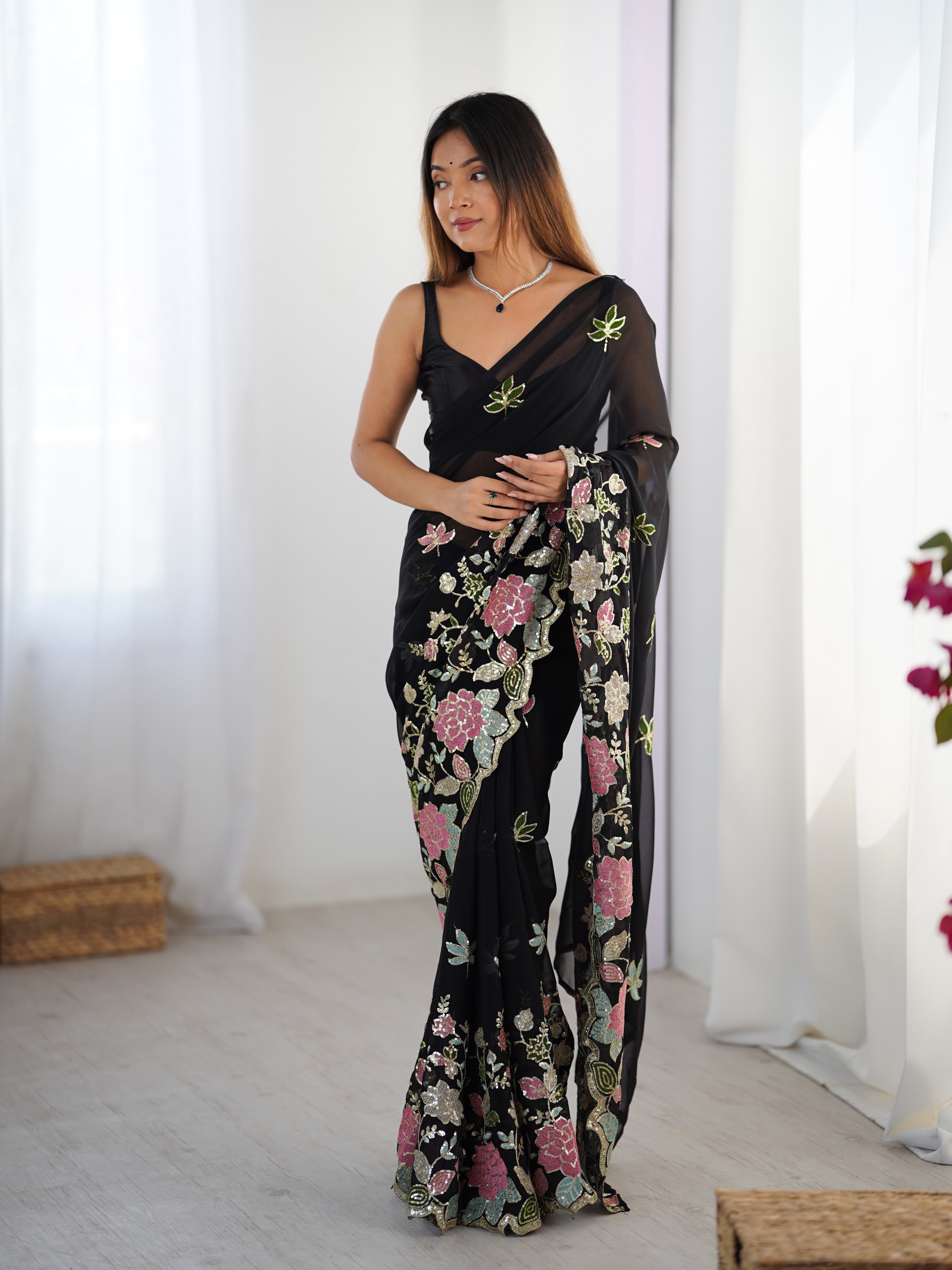 Black Georgette Party Wear Saree | Diamond Silk Blouse with Multi Thread & Sequin Embroidery