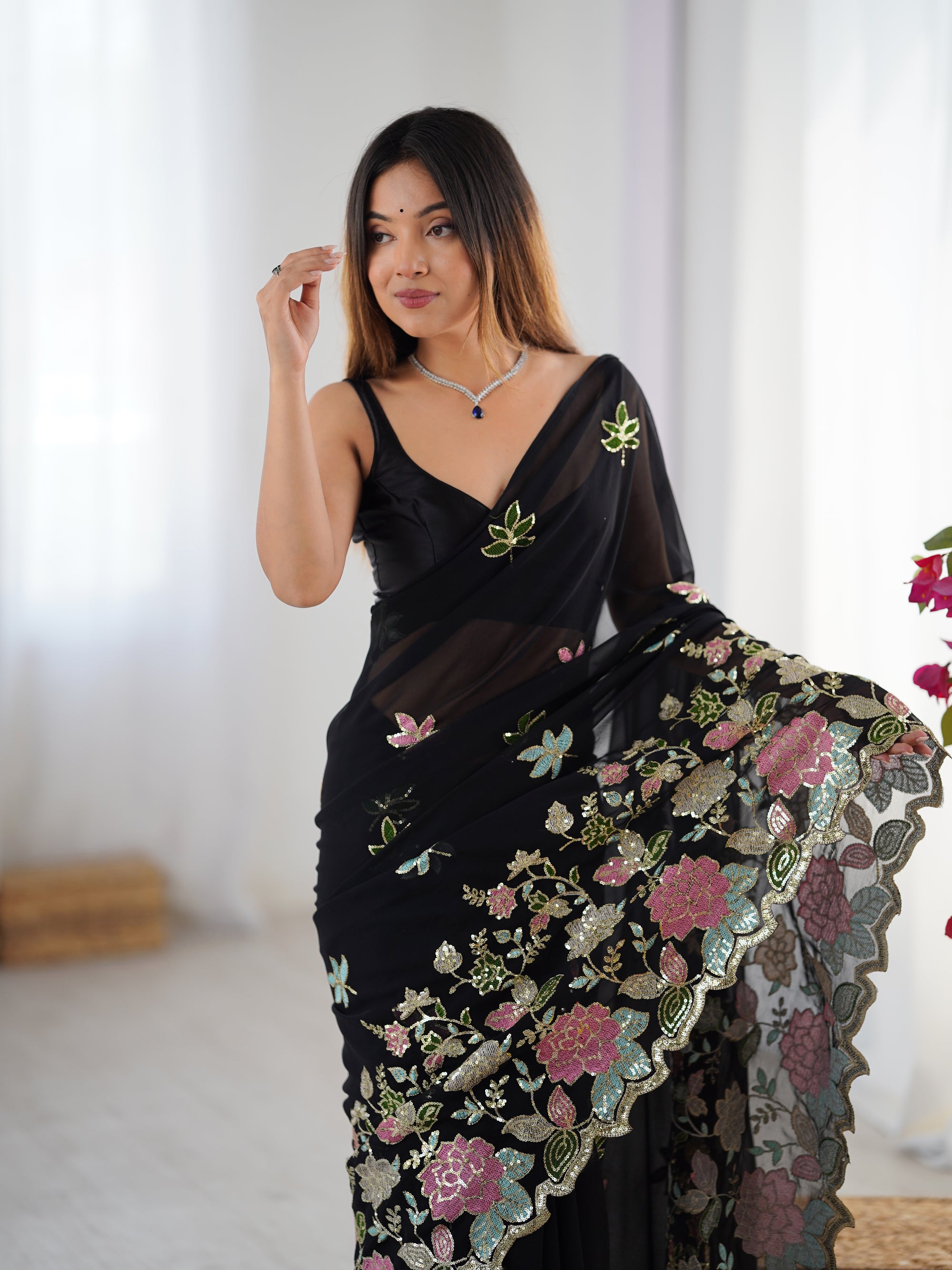 Black Georgette Party Wear Saree | Diamond Silk Blouse with Multi Thread & Sequin Embroidery