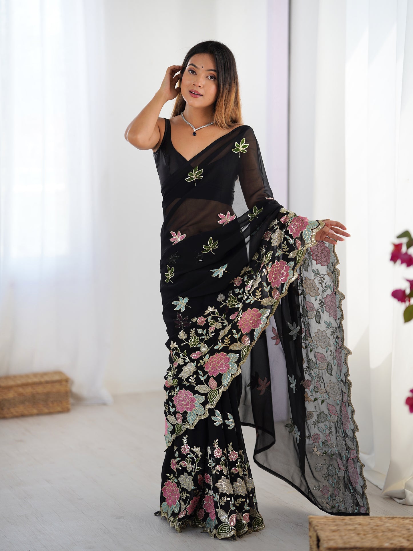 Black Georgette Party Wear Saree | Diamond Silk Blouse with Multi Thread & Sequin Embroidery