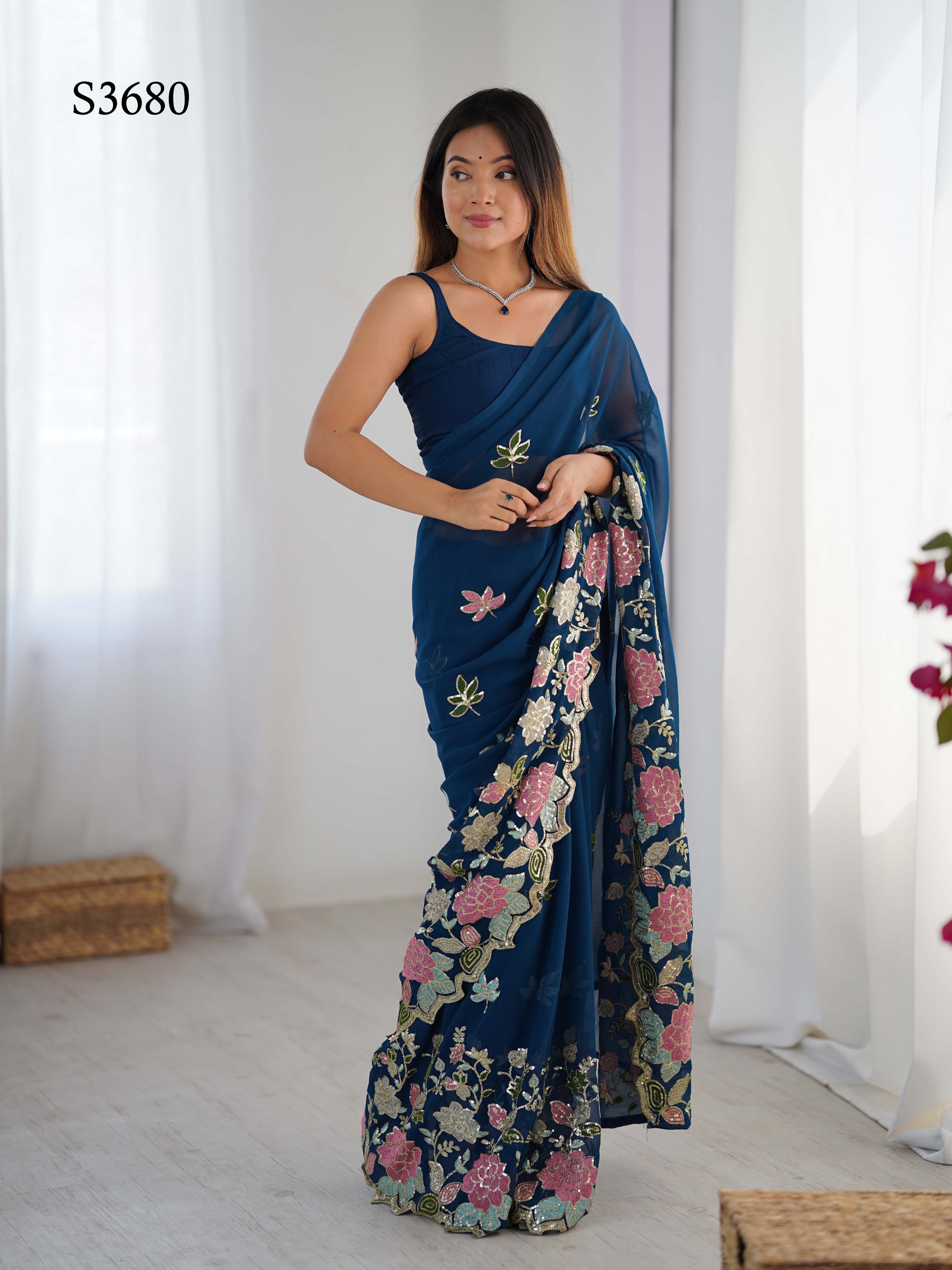 Blue Georgette Party Wear Saree | Diamond Silk Blouse with Multi Thread & Sequin Embroidery