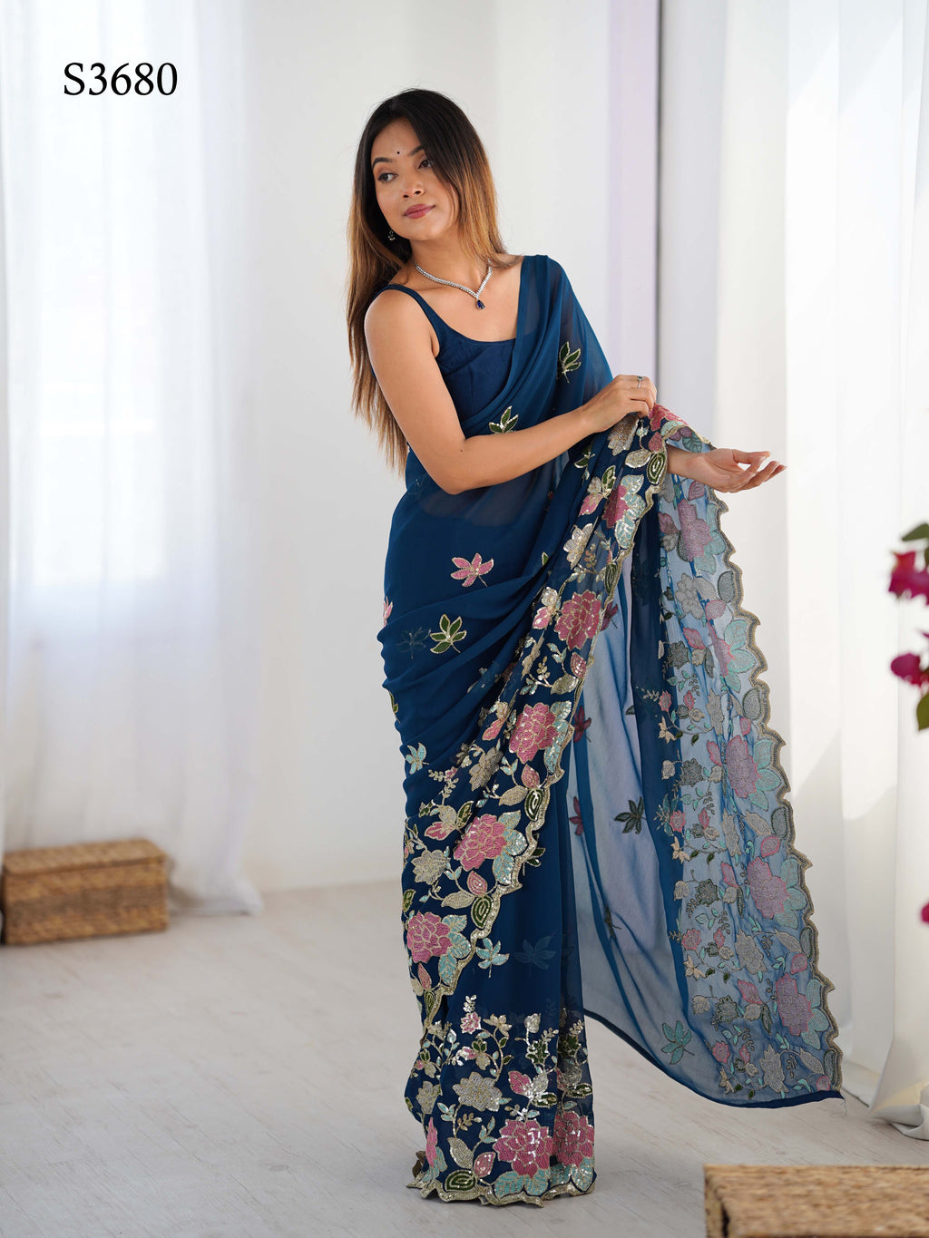 Blue Georgette Party Wear Saree | Diamond Silk Blouse with Multi Thread & Sequin Embroidery