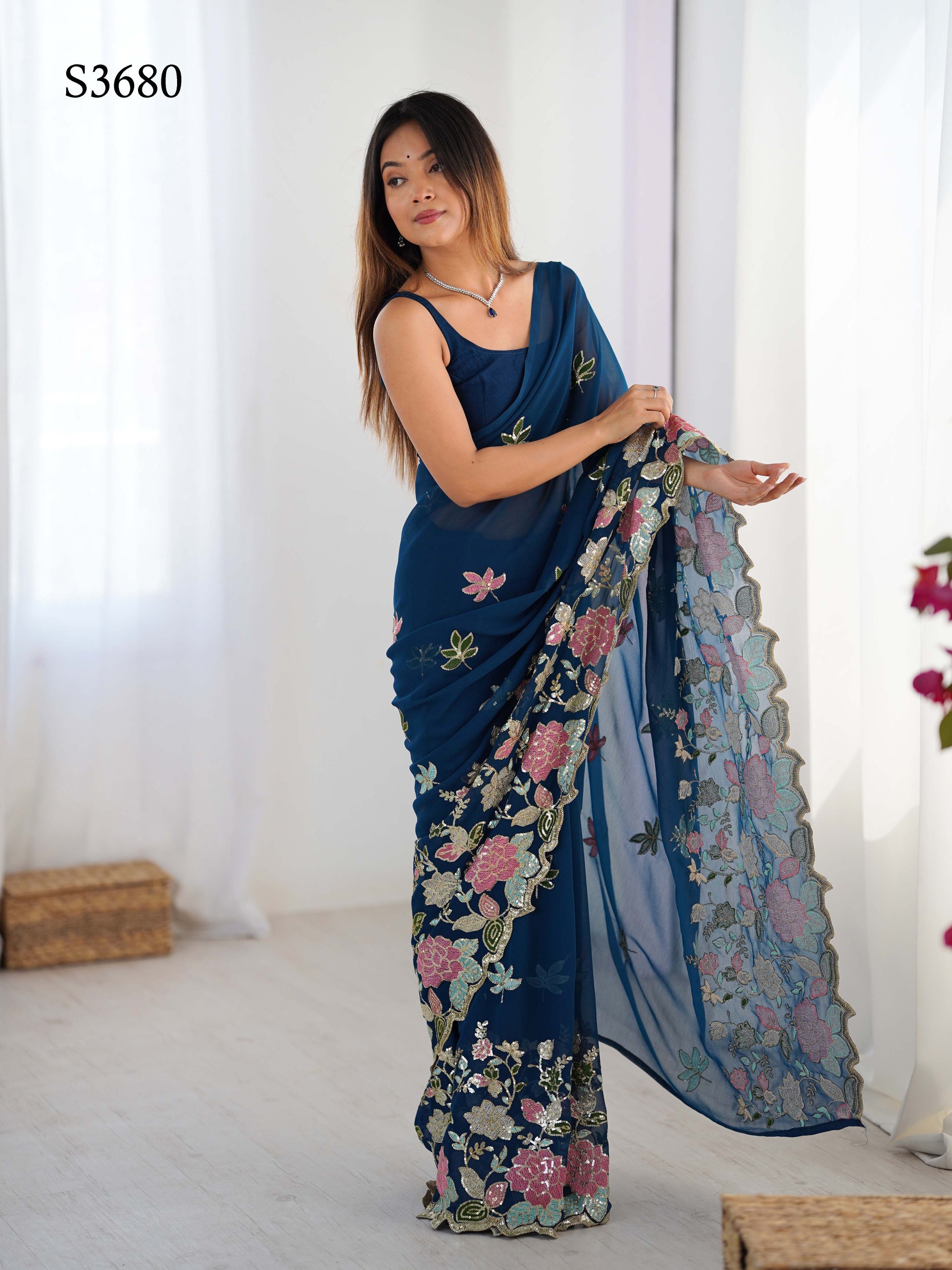 Blue Georgette Party Wear Saree | Diamond Silk Blouse with Multi Thread & Sequin Embroidery