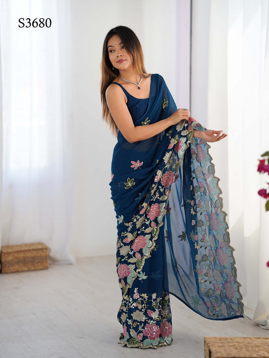 Blue Georgette Party Wear Saree | Diamond Silk Blouse with Multi Thread & Sequin Embroidery