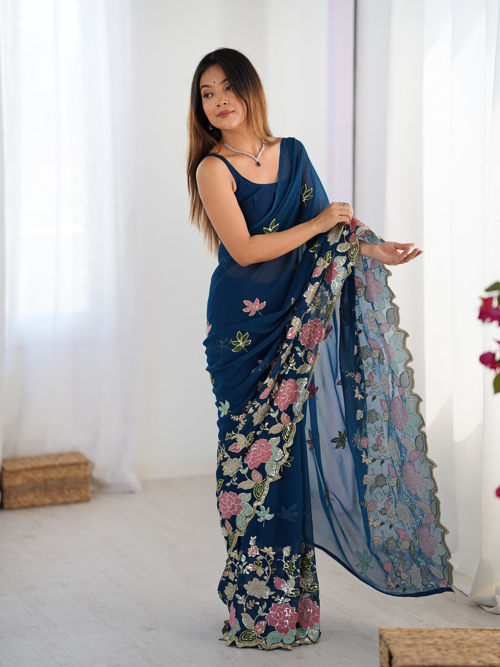 Blue Georgette Party Wear Saree | Diamond Silk Blouse with Multi Thread & Sequin Embroidery