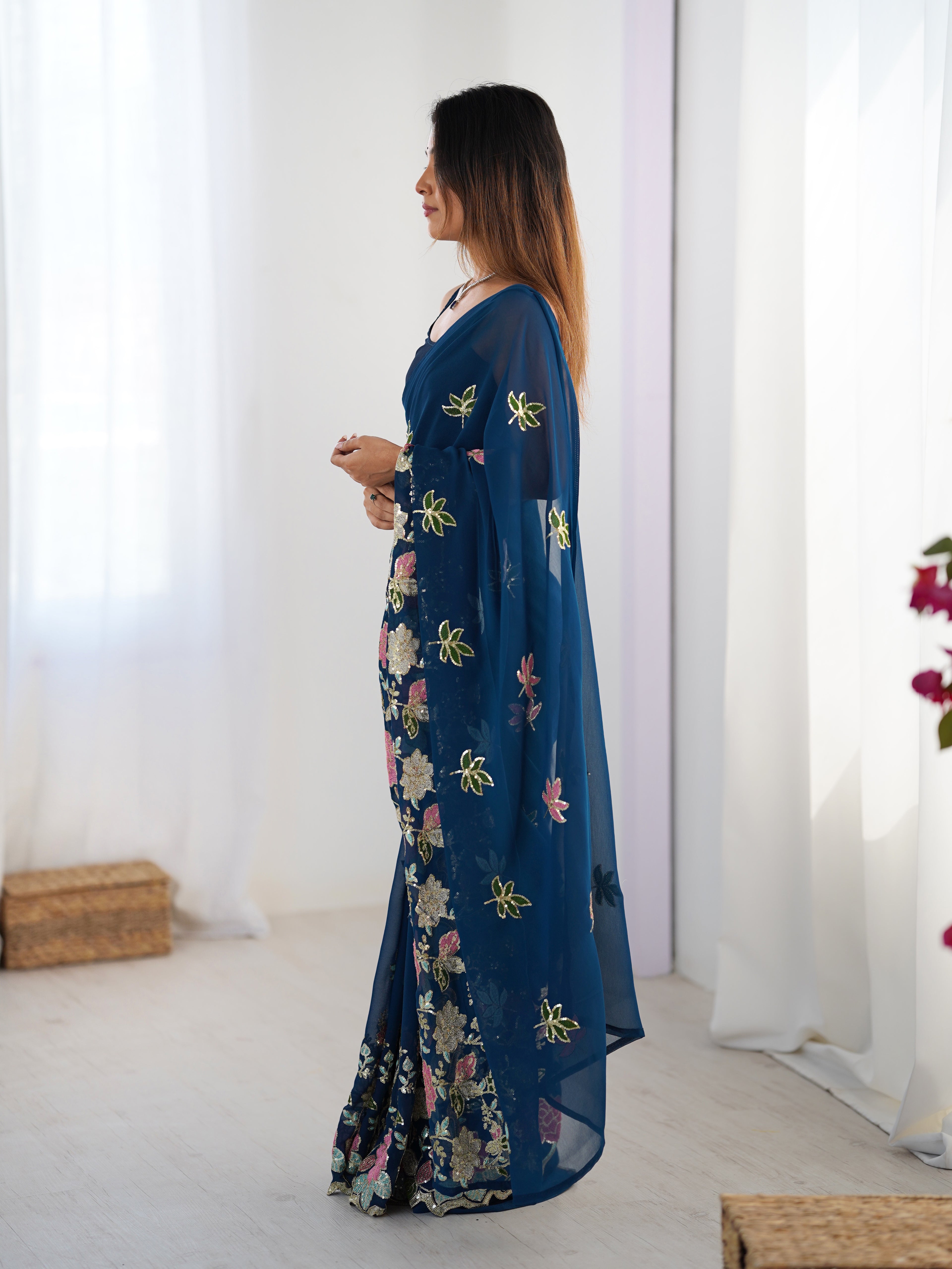 Blue Georgette Party Wear Saree | Diamond Silk Blouse with Multi Thread & Sequin Embroidery