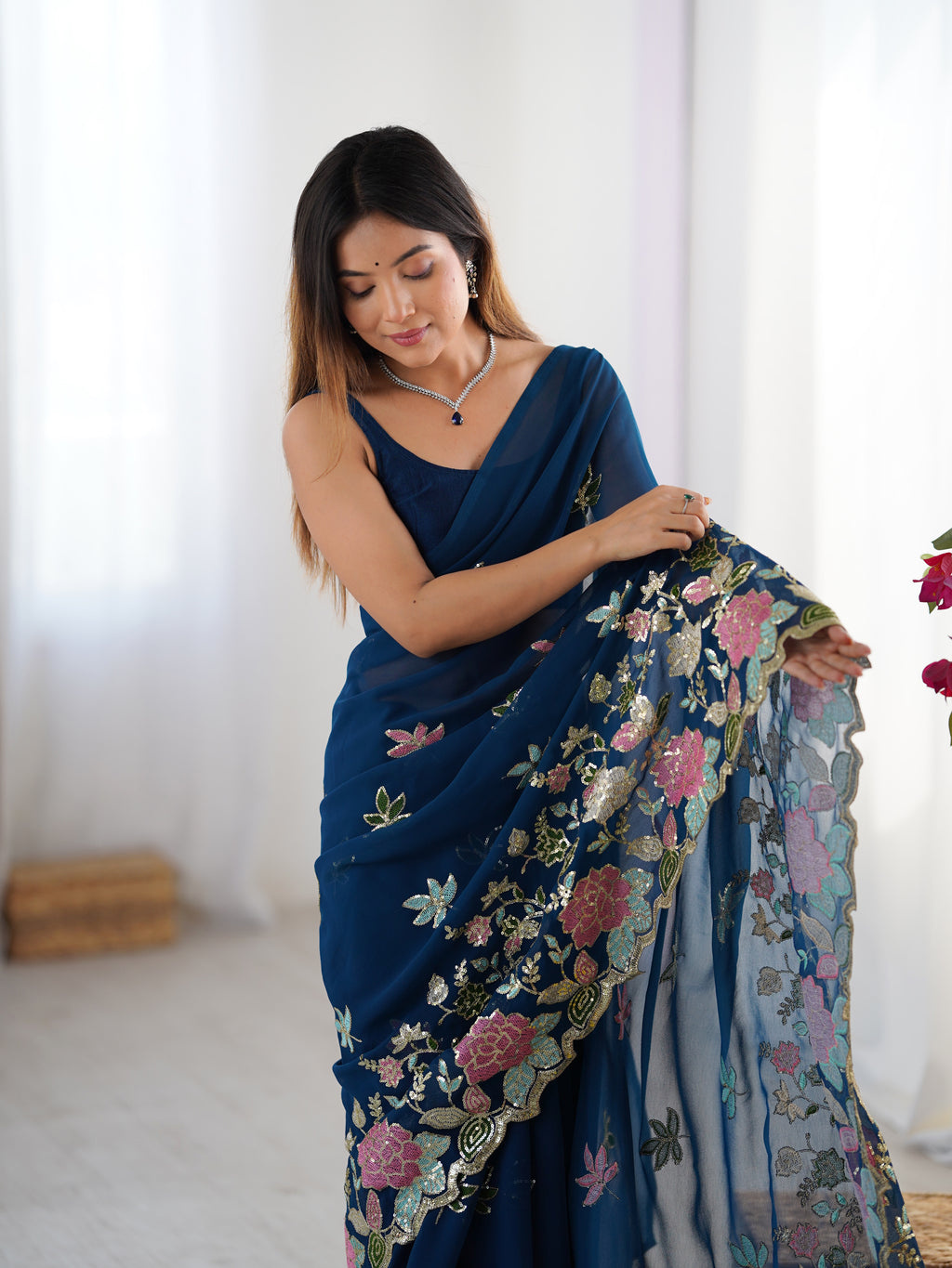 Blue Georgette Party Wear Saree | Diamond Silk Blouse with Multi Thread & Sequin Embroidery