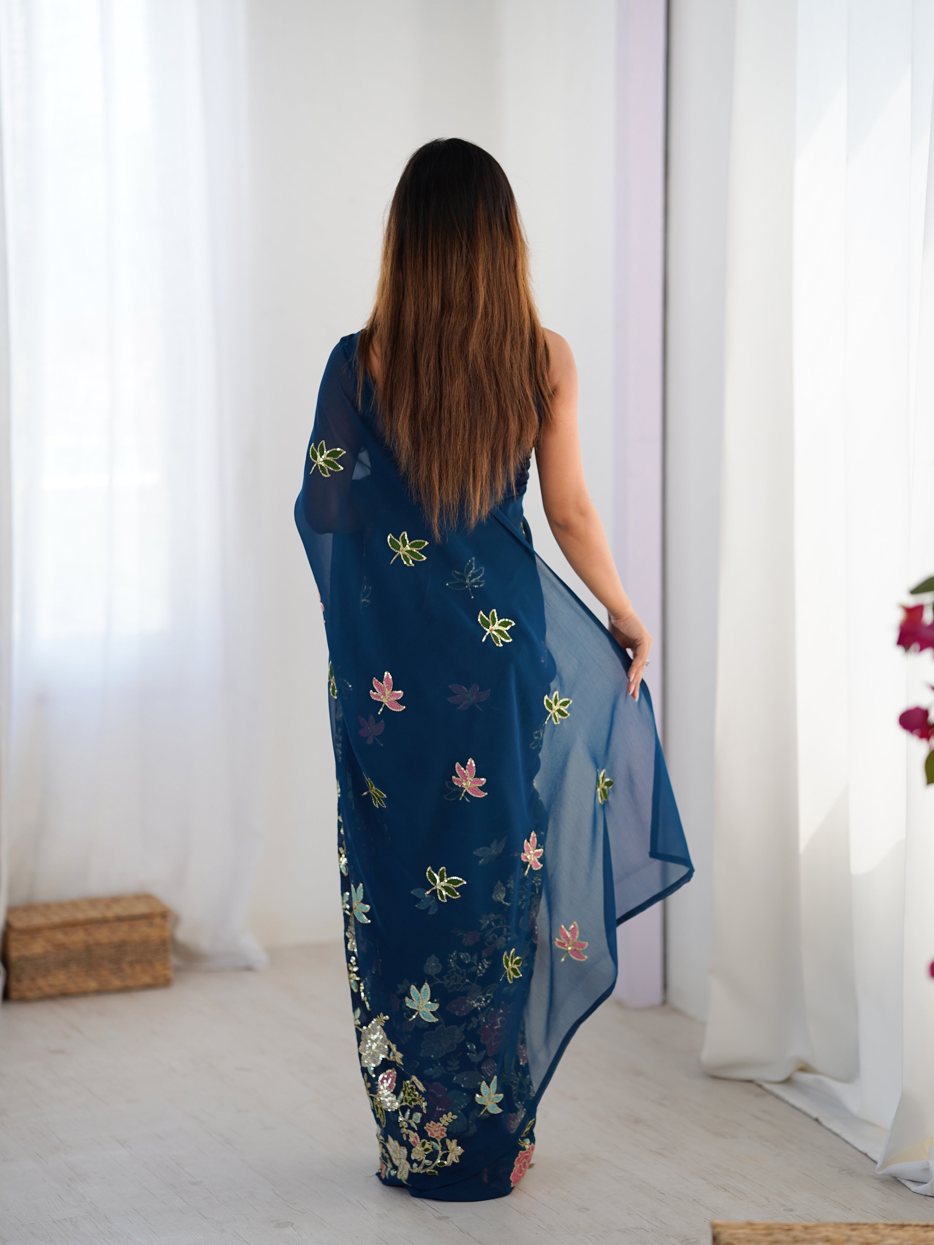 Blue Georgette Party Wear Saree | Diamond Silk Blouse with Multi Thread & Sequin Embroidery