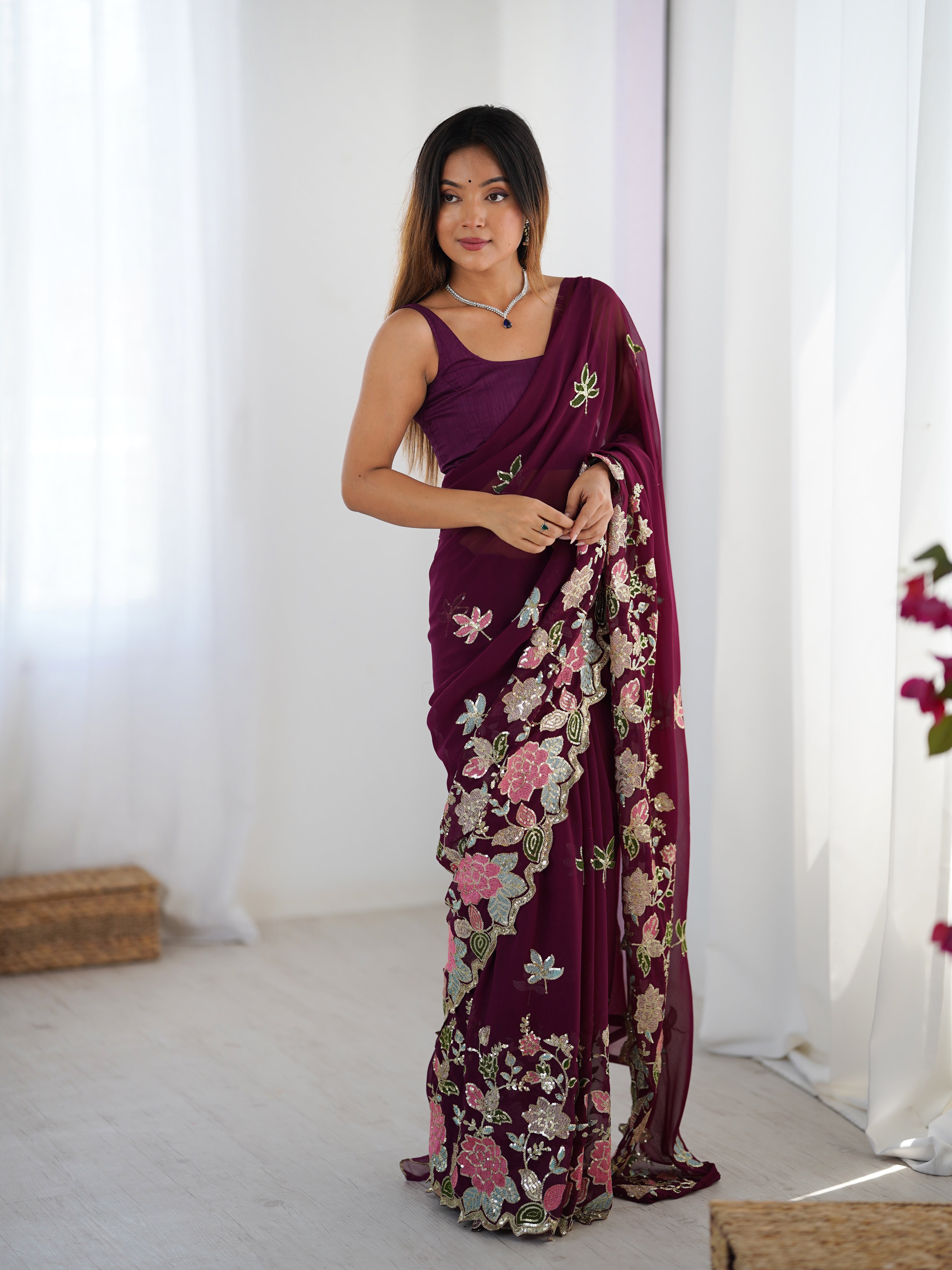 Wine Georgette Party Wear Saree | Diamond Silk Blouse with Multi Thread & Sequin Embroidery