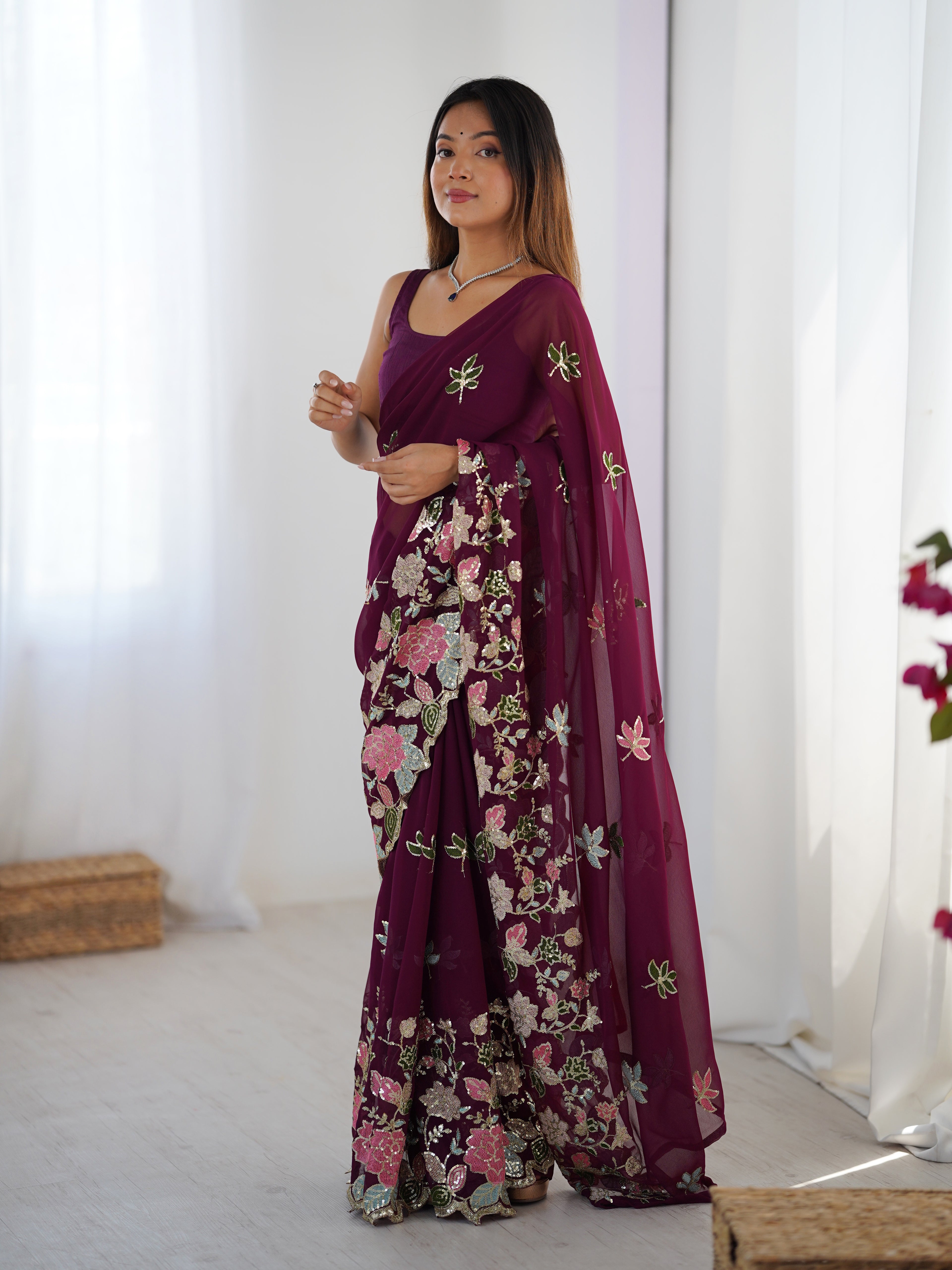 Wine Georgette Party Wear Saree | Diamond Silk Blouse with Multi Thread & Sequin Embroidery