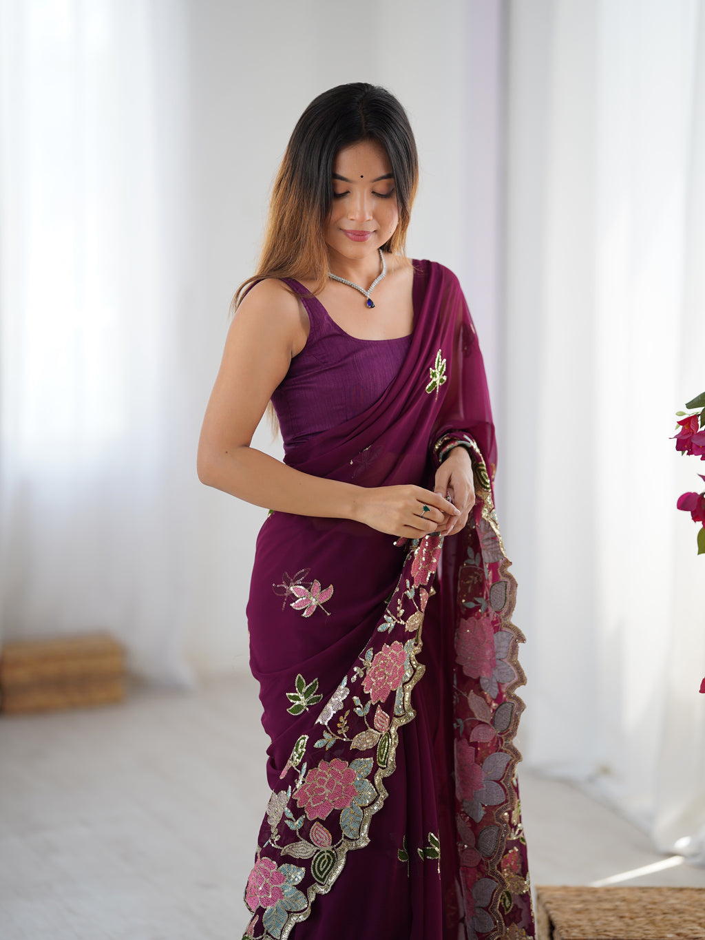 Wine Georgette Party Wear Saree | Diamond Silk Blouse with Multi Thread & Sequin Embroidery