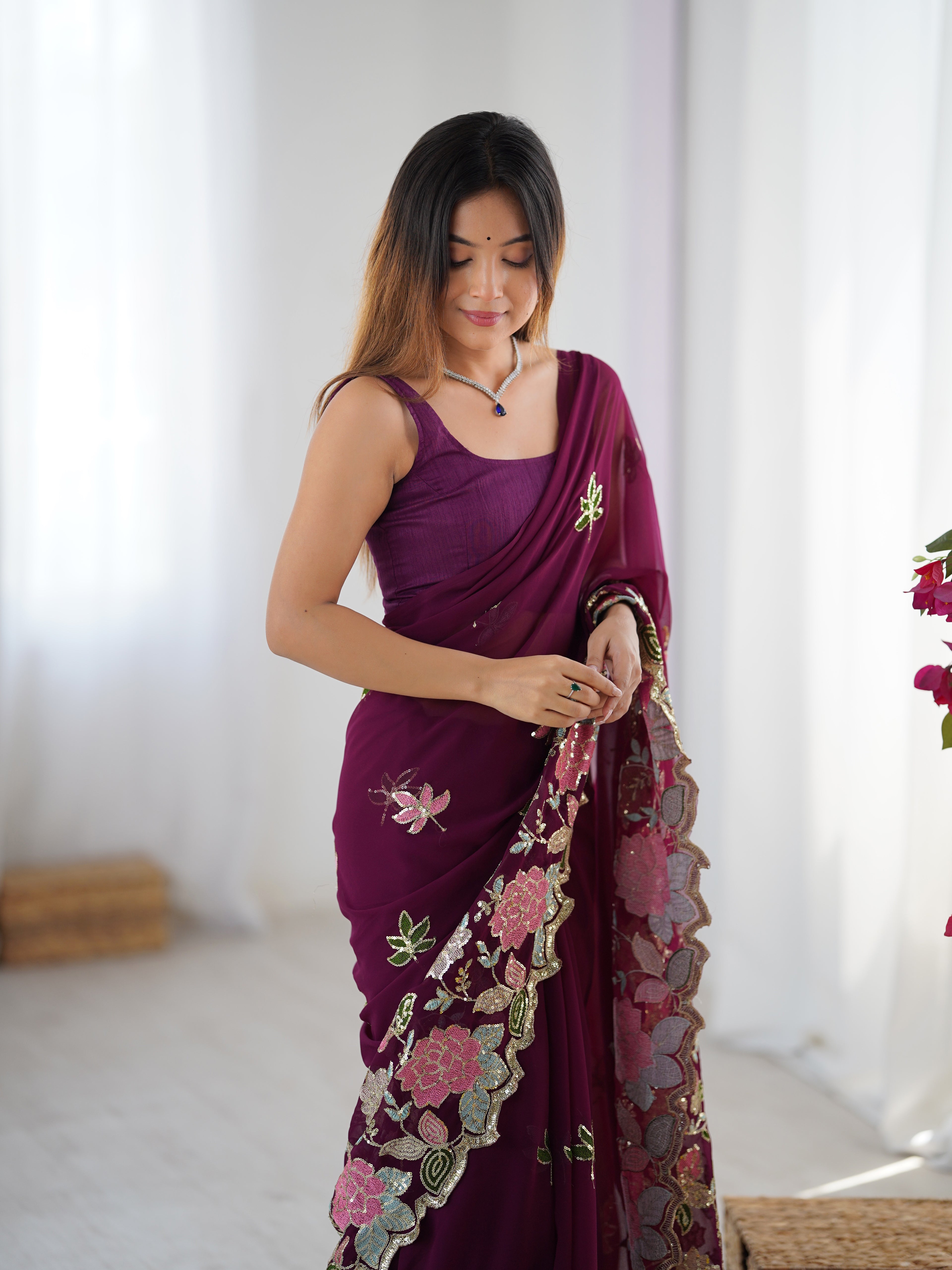 Wine Georgette Party Wear Saree | Diamond Silk Blouse with Multi Thread & Sequin Embroidery