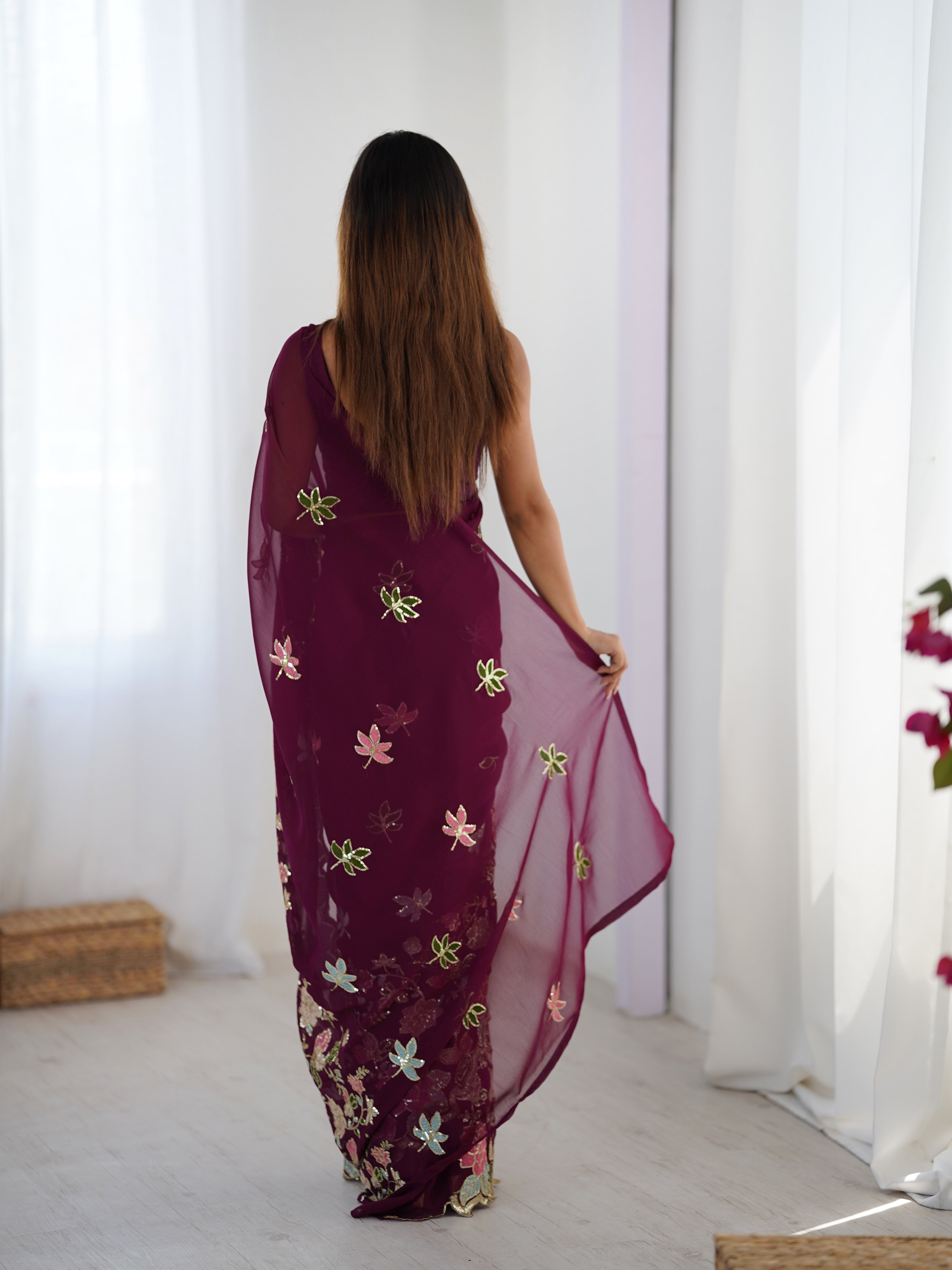 Wine Georgette Party Wear Saree | Diamond Silk Blouse with Multi Thread & Sequin Embroidery