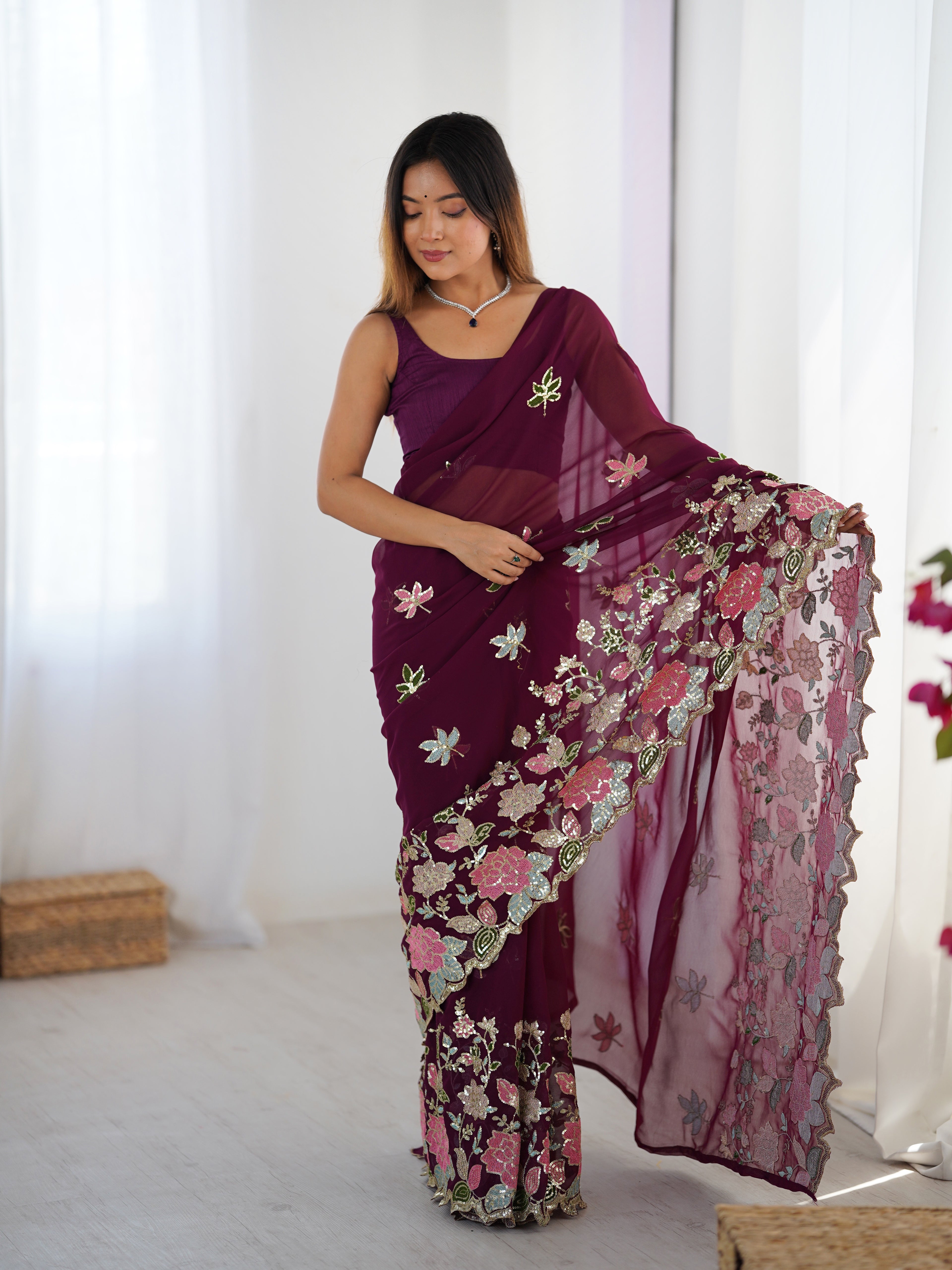 Wine Georgette Party Wear Saree | Diamond Silk Blouse with Multi Thread & Sequin Embroidery