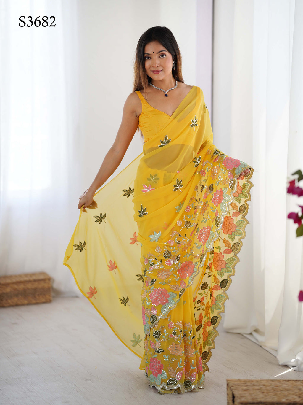 Yellow Georgette Party Wear Saree | Diamond Silk Blouse with Multi Thread & Sequin Embroidery