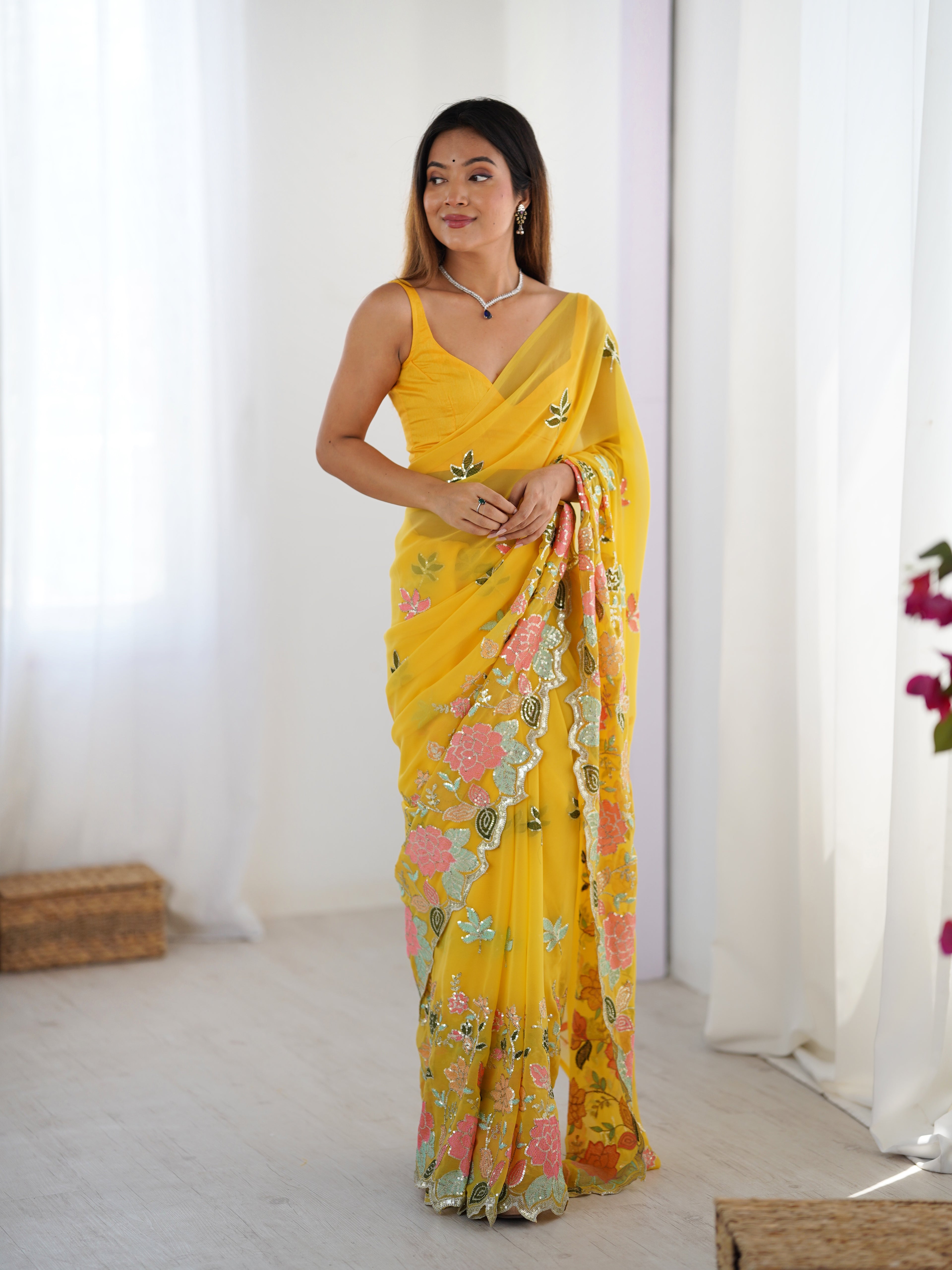 Yellow Georgette Party Wear Saree | Diamond Silk Blouse with Multi Thread & Sequin Embroidery