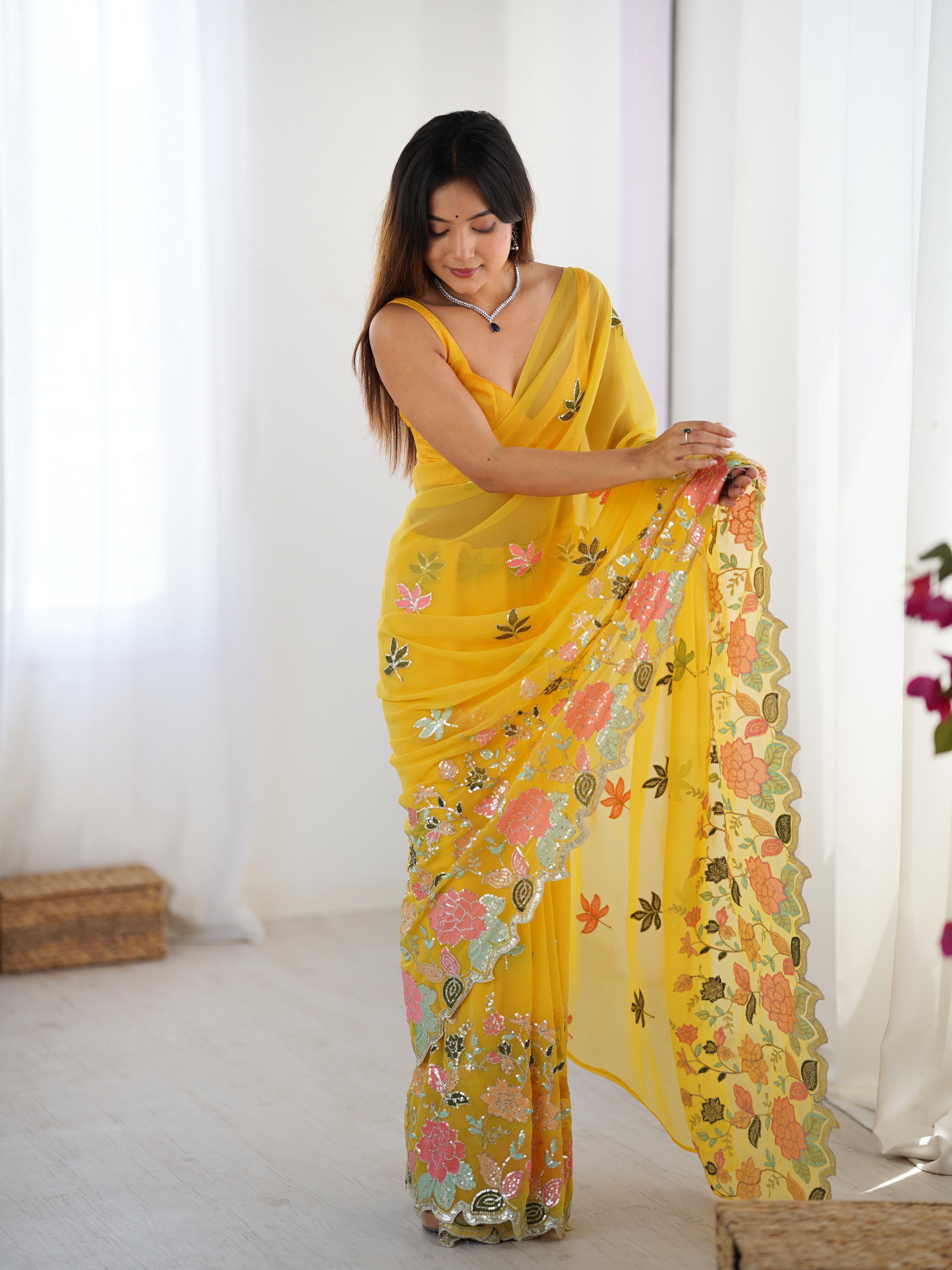 Yellow Georgette Party Wear Saree | Diamond Silk Blouse with Multi Thread & Sequin Embroidery