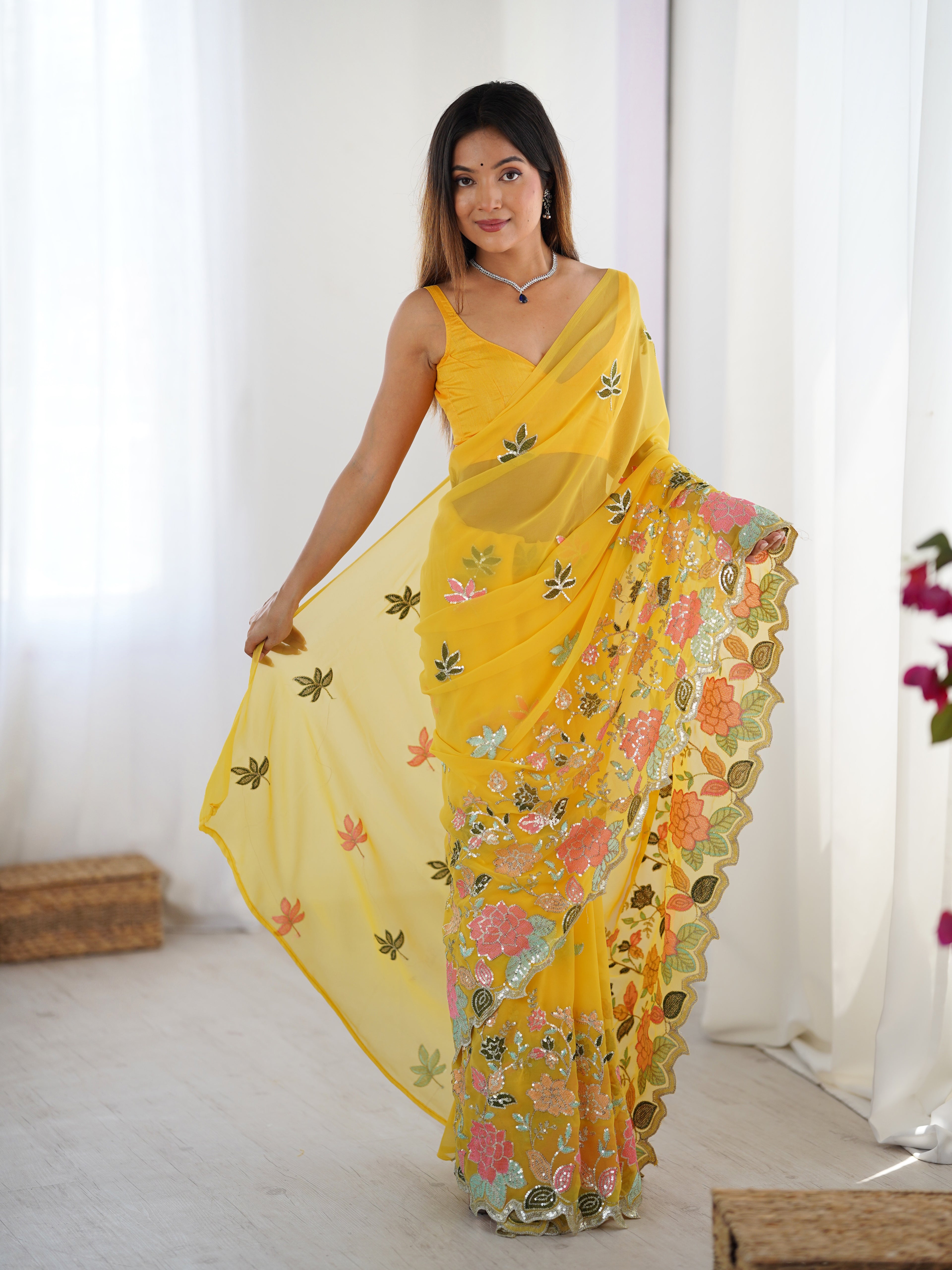 Yellow Georgette Party Wear Saree | Diamond Silk Blouse with Multi Thread & Sequin Embroidery