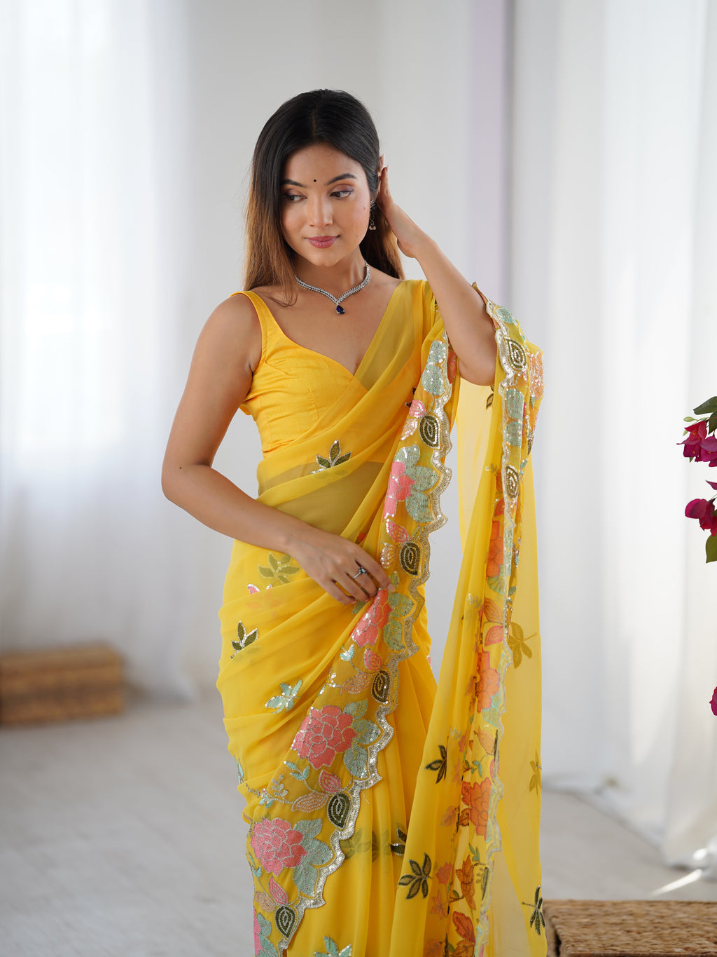 Yellow Georgette Party Wear Saree | Diamond Silk Blouse with Multi Thread & Sequin Embroidery