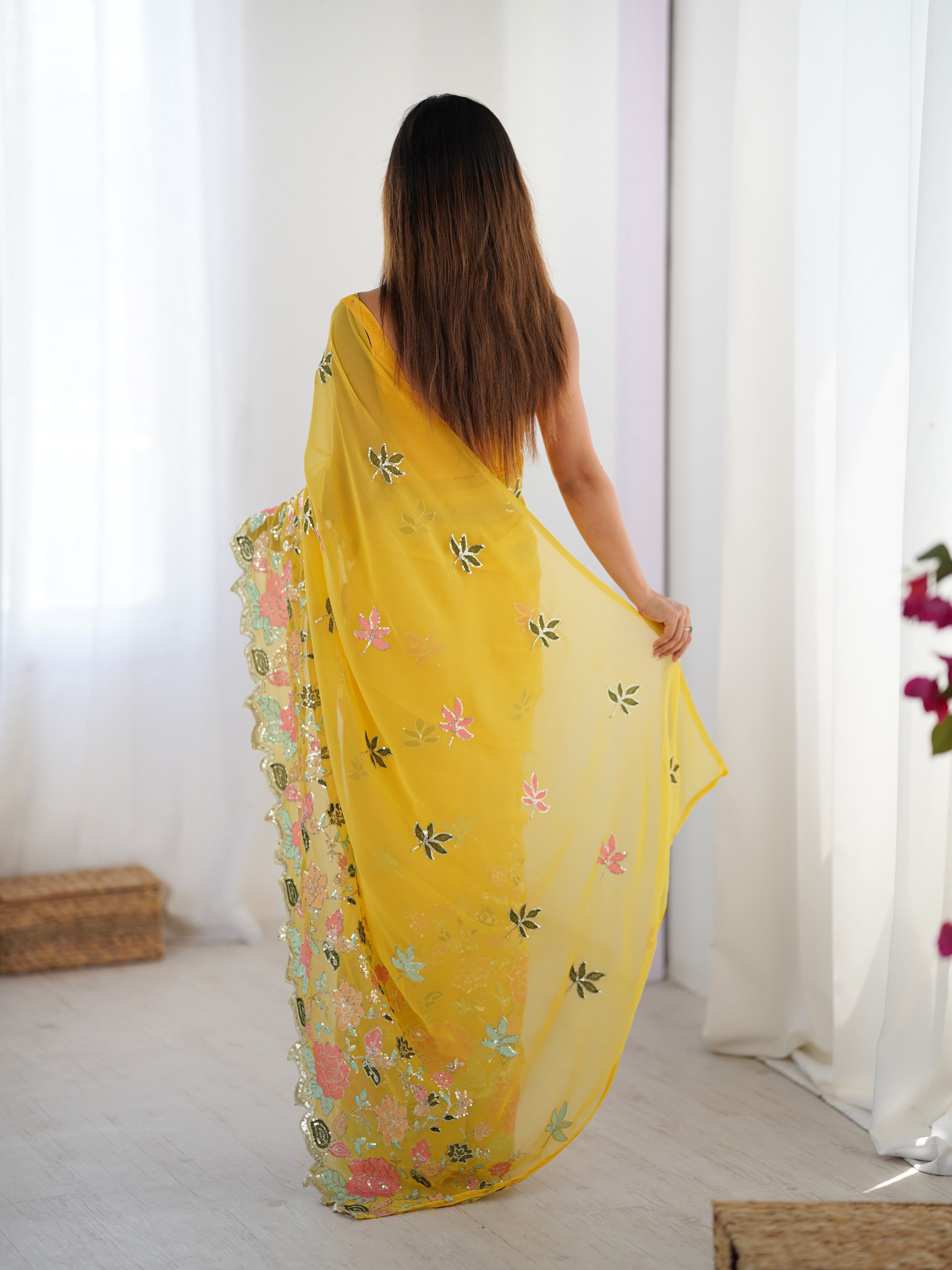 Yellow Georgette Party Wear Saree | Diamond Silk Blouse with Multi Thread & Sequin Embroidery