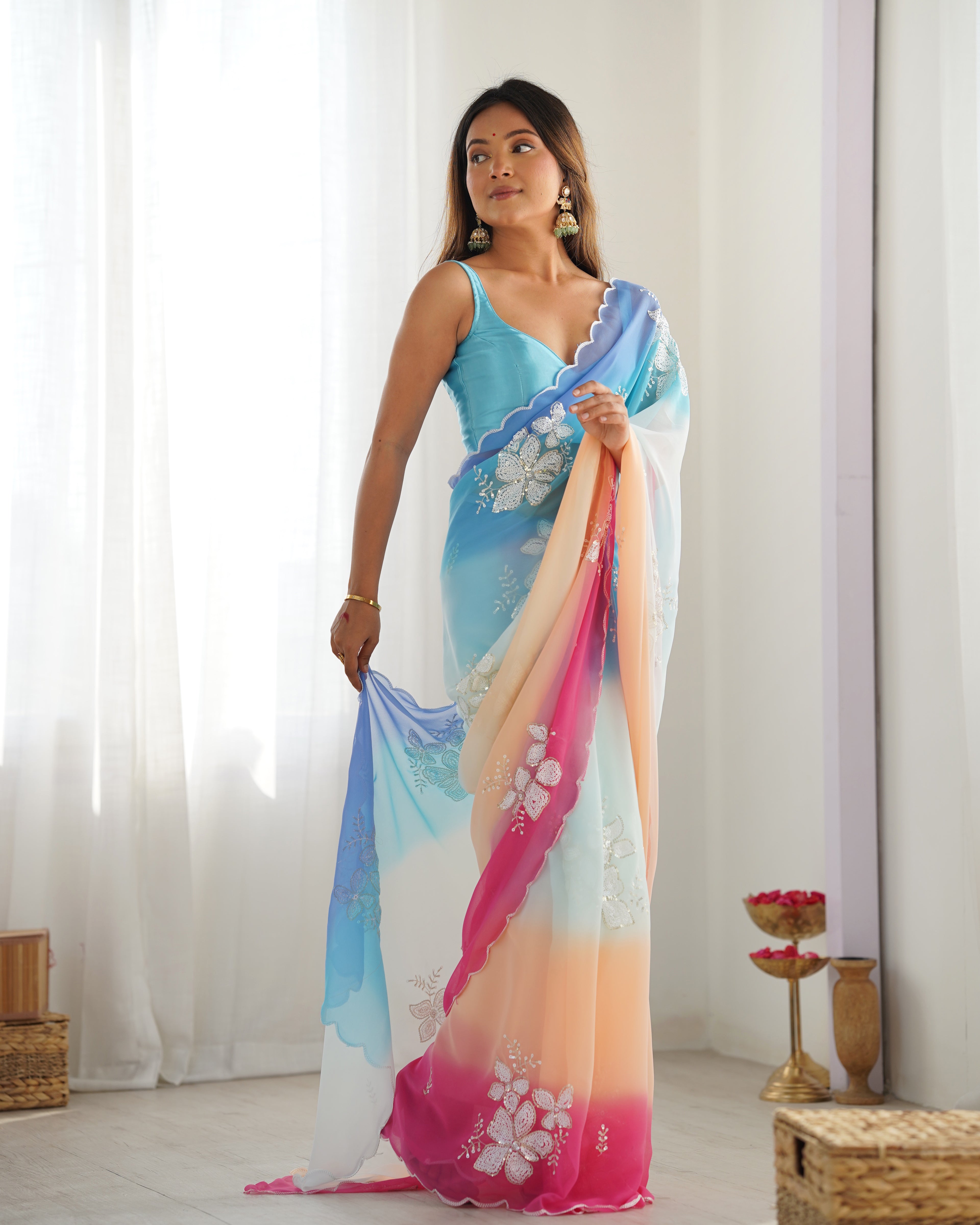 Sky Blue Georgette Party Wear Saree | Dual Shaded with Designer Sequin Embroidery Couture