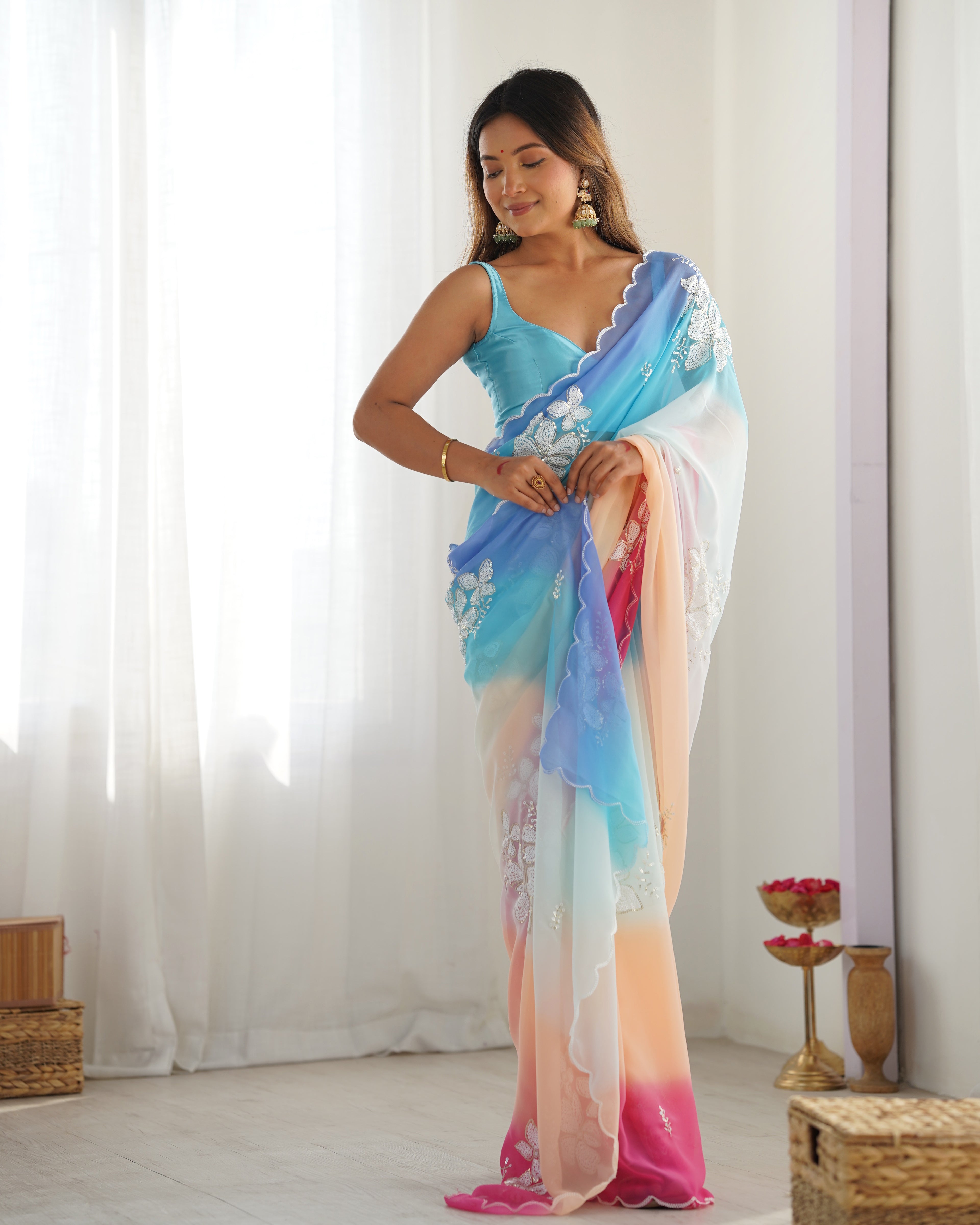 Sky Blue Georgette Party Wear Saree | Dual Shaded with Designer Sequin Embroidery Couture