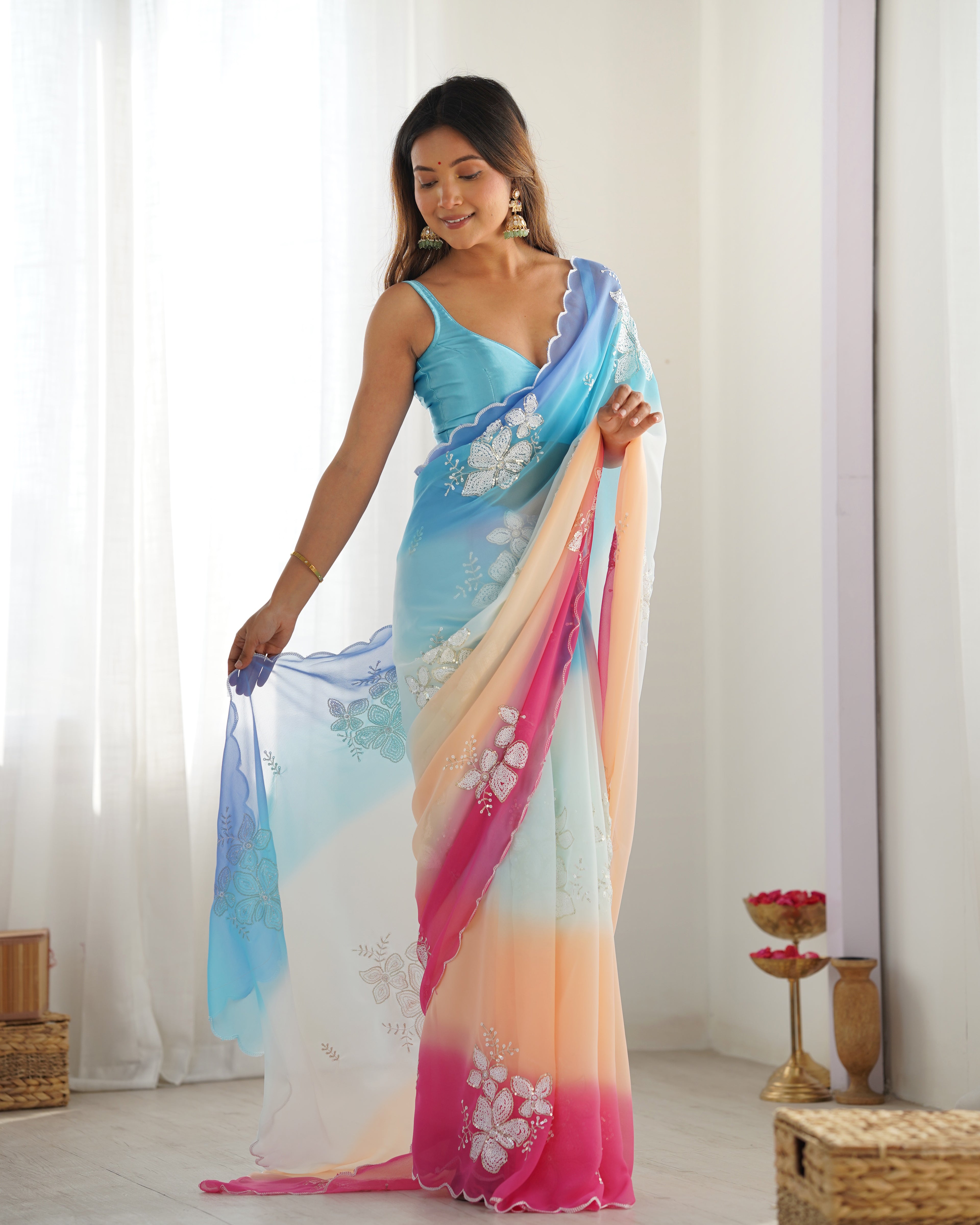 Sky Blue Georgette Party Wear Saree | Dual Shaded with Designer Sequin Embroidery Couture