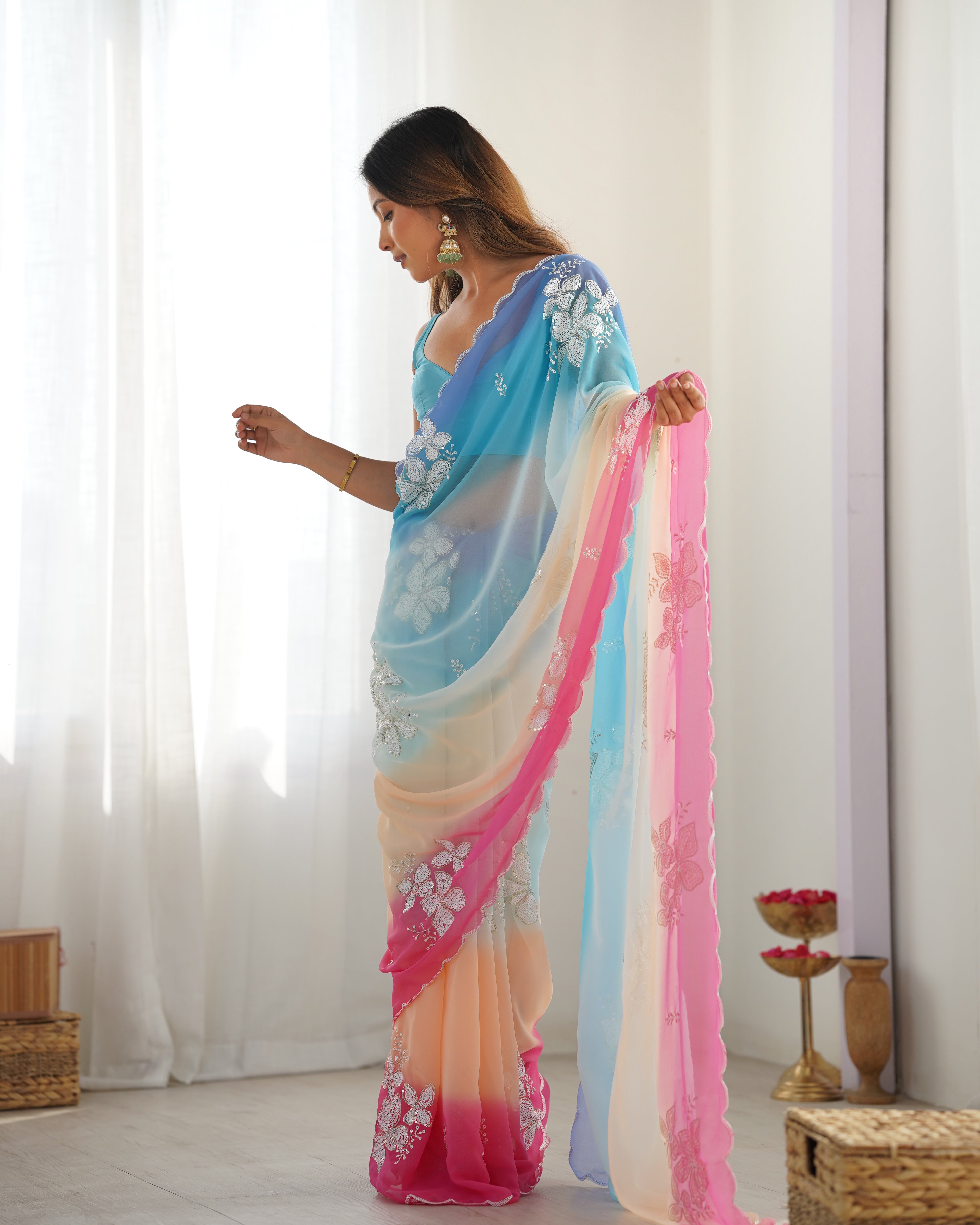 Sky Blue Georgette Party Wear Saree | Dual Shaded with Designer Sequin Embroidery Couture