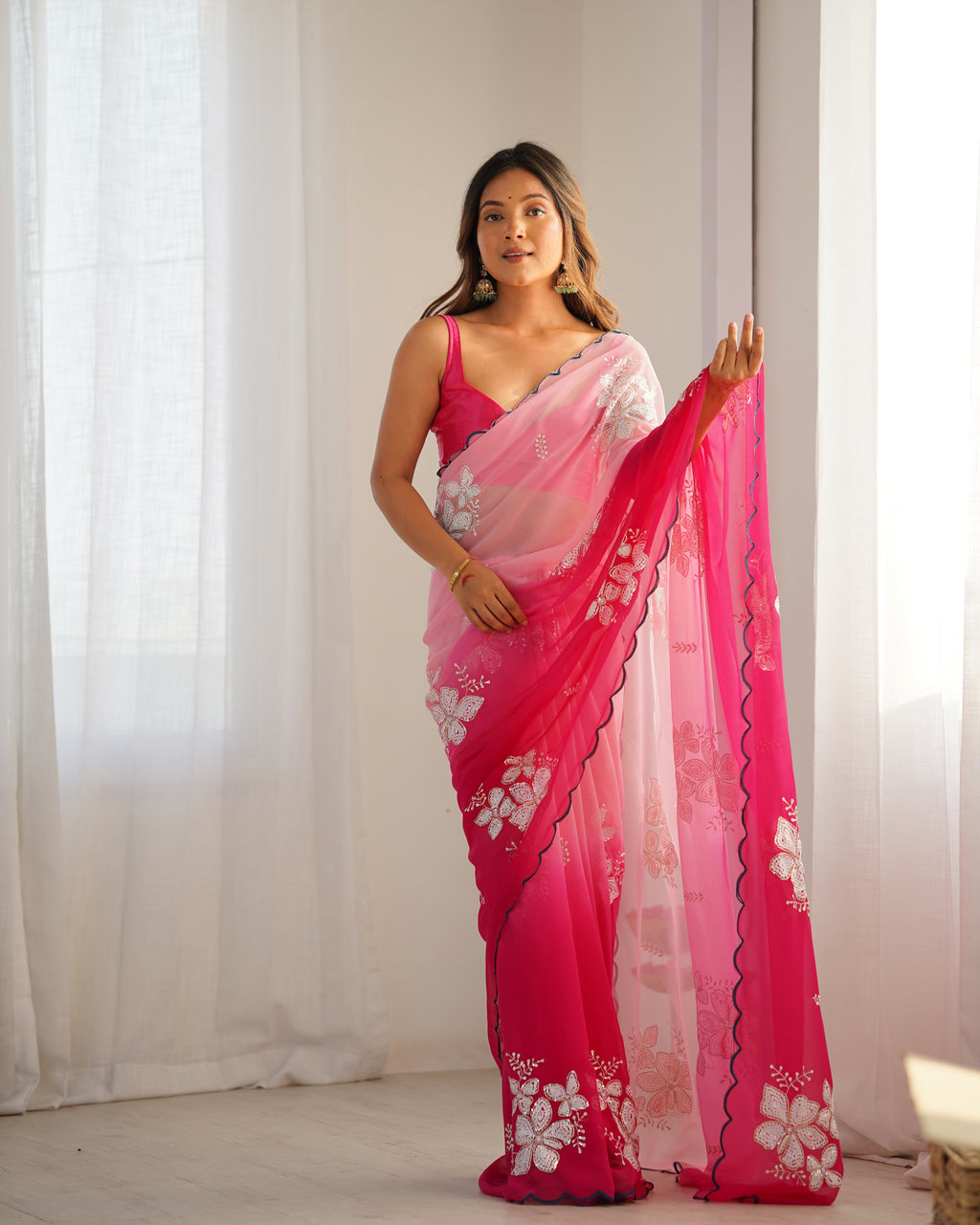 Pink Georgette Party Wear Saree | Dual Shaded with Designer Sequin Embroidery Couture
