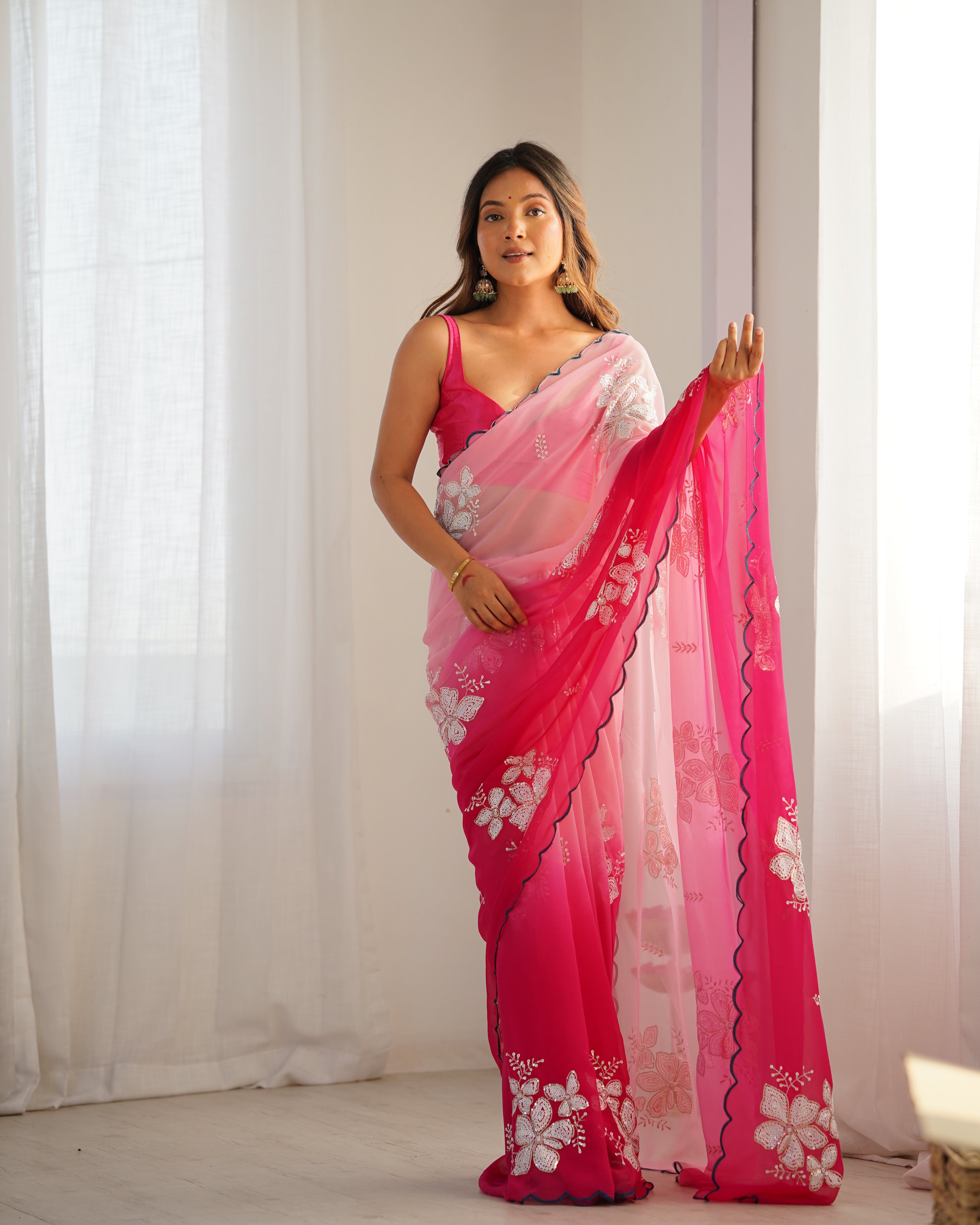 Pink Georgette Party Wear Saree | Dual Shaded with Designer Sequin Embroidery Couture