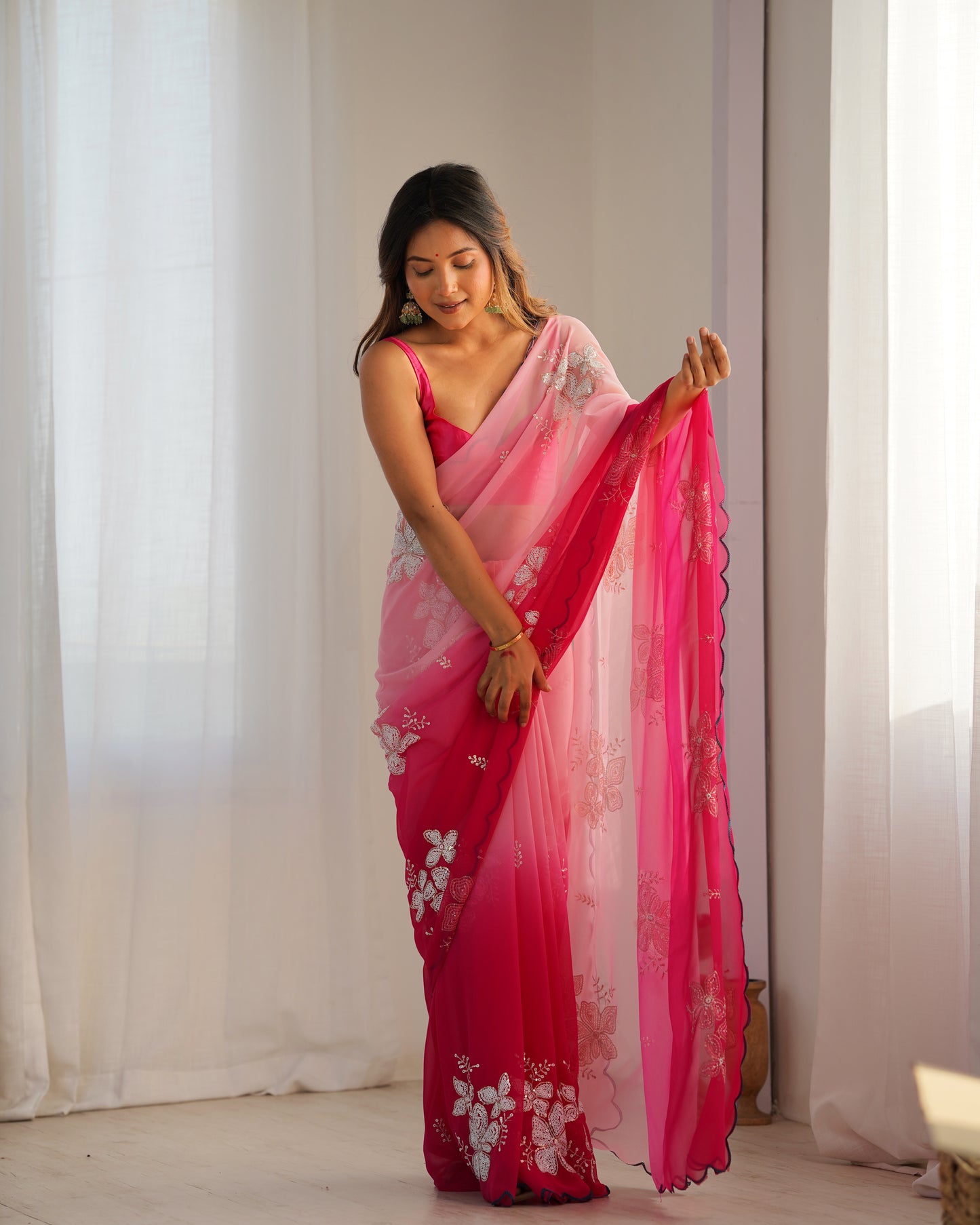 Pink Georgette Party Wear Saree | Dual Shaded with Designer Sequin Embroidery Couture