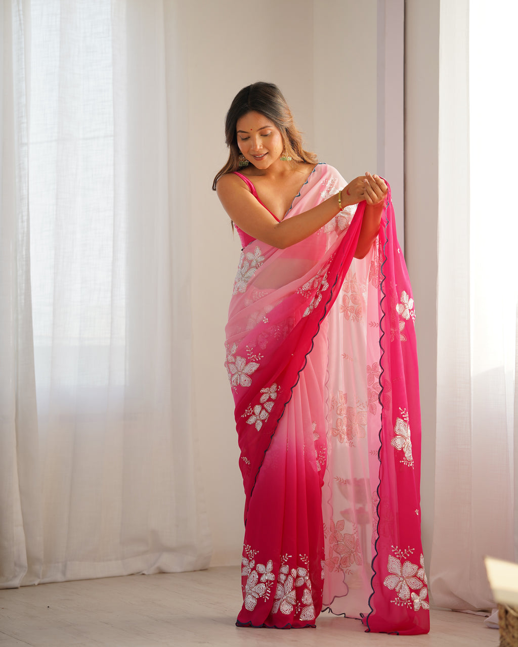 Pink Georgette Party Wear Saree | Dual Shaded with Designer Sequin Embroidery Couture