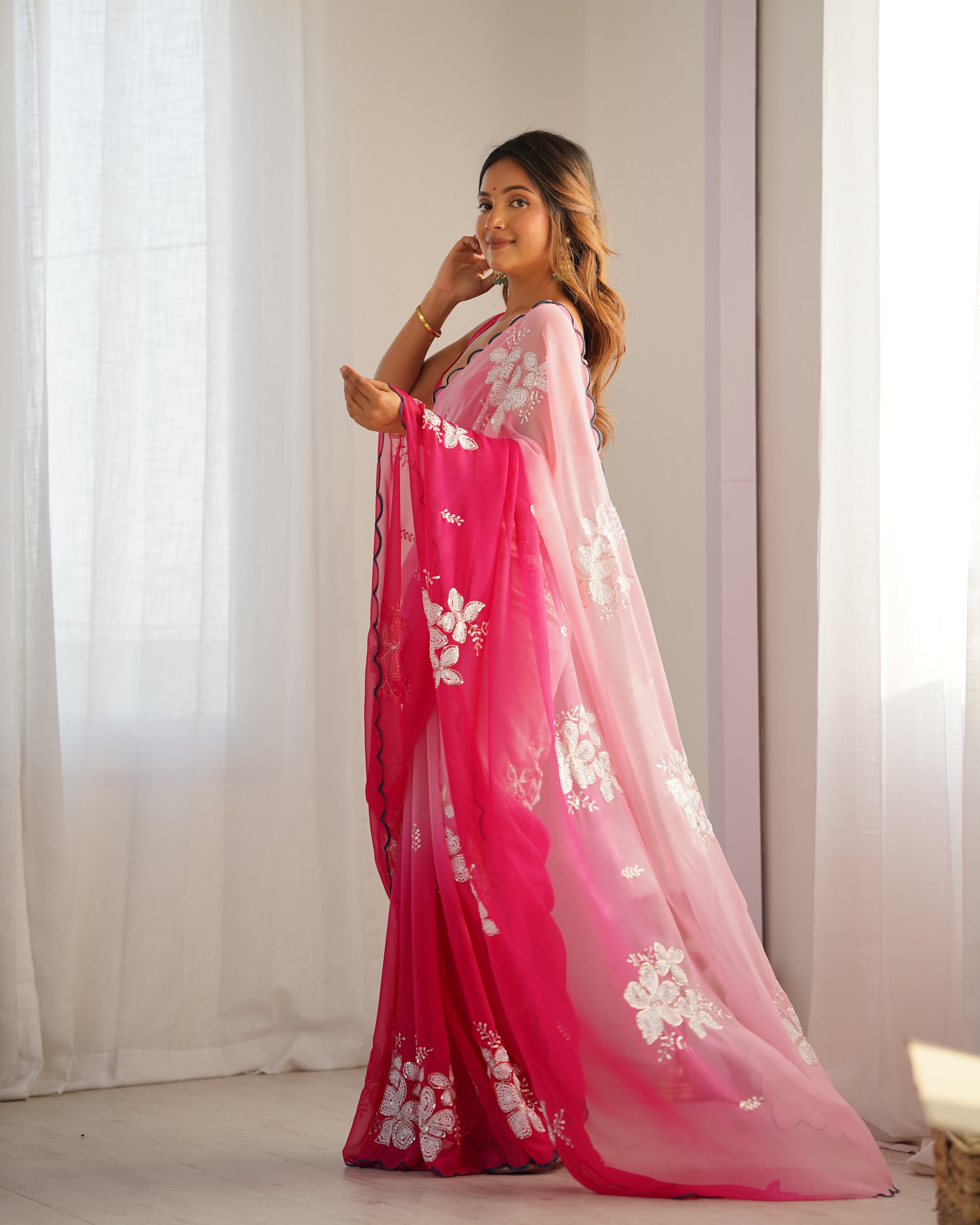 Pink Georgette Party Wear Saree | Dual Shaded with Designer Sequin Embroidery Couture