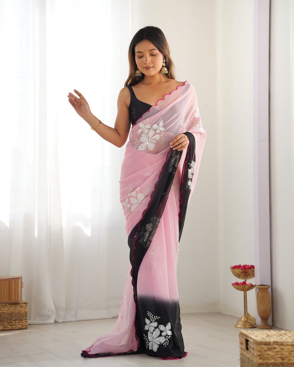 Pink & Black Georgette Party Wear Saree | Dual Shaded with Designer Sequin Embroidery Couture