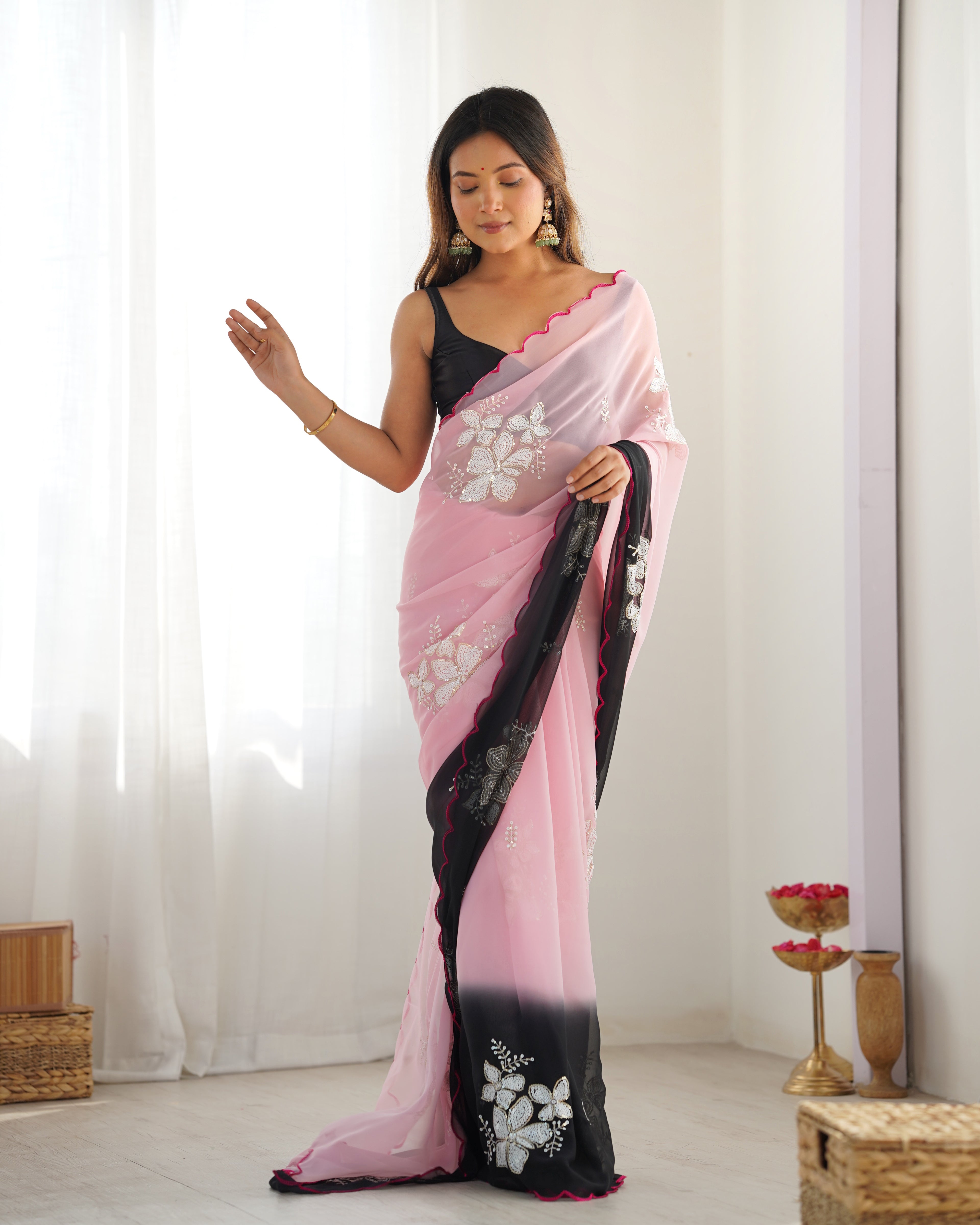 Pink & Black Georgette Party Wear Saree | Dual Shaded with Designer Sequin Embroidery Couture