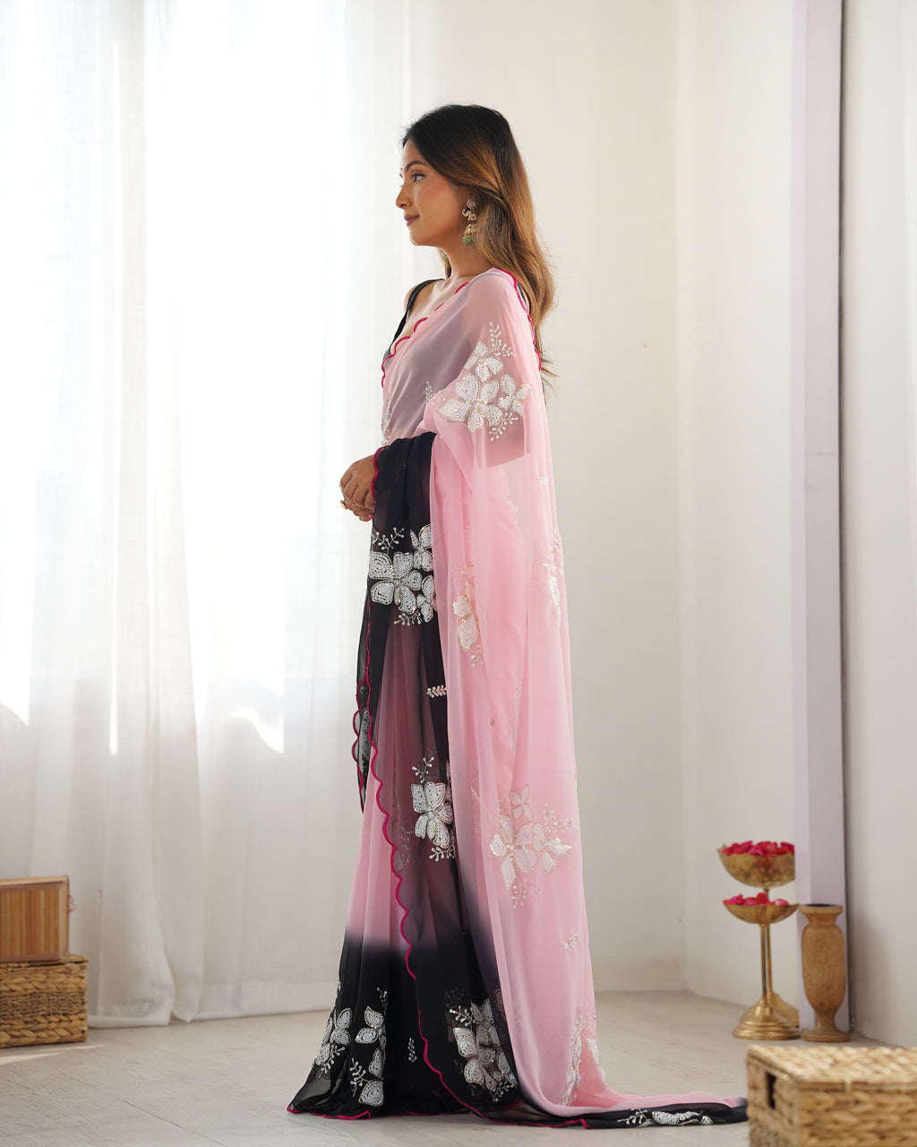 Pink & Black Georgette Party Wear Saree | Dual Shaded with Designer Sequin Embroidery Couture