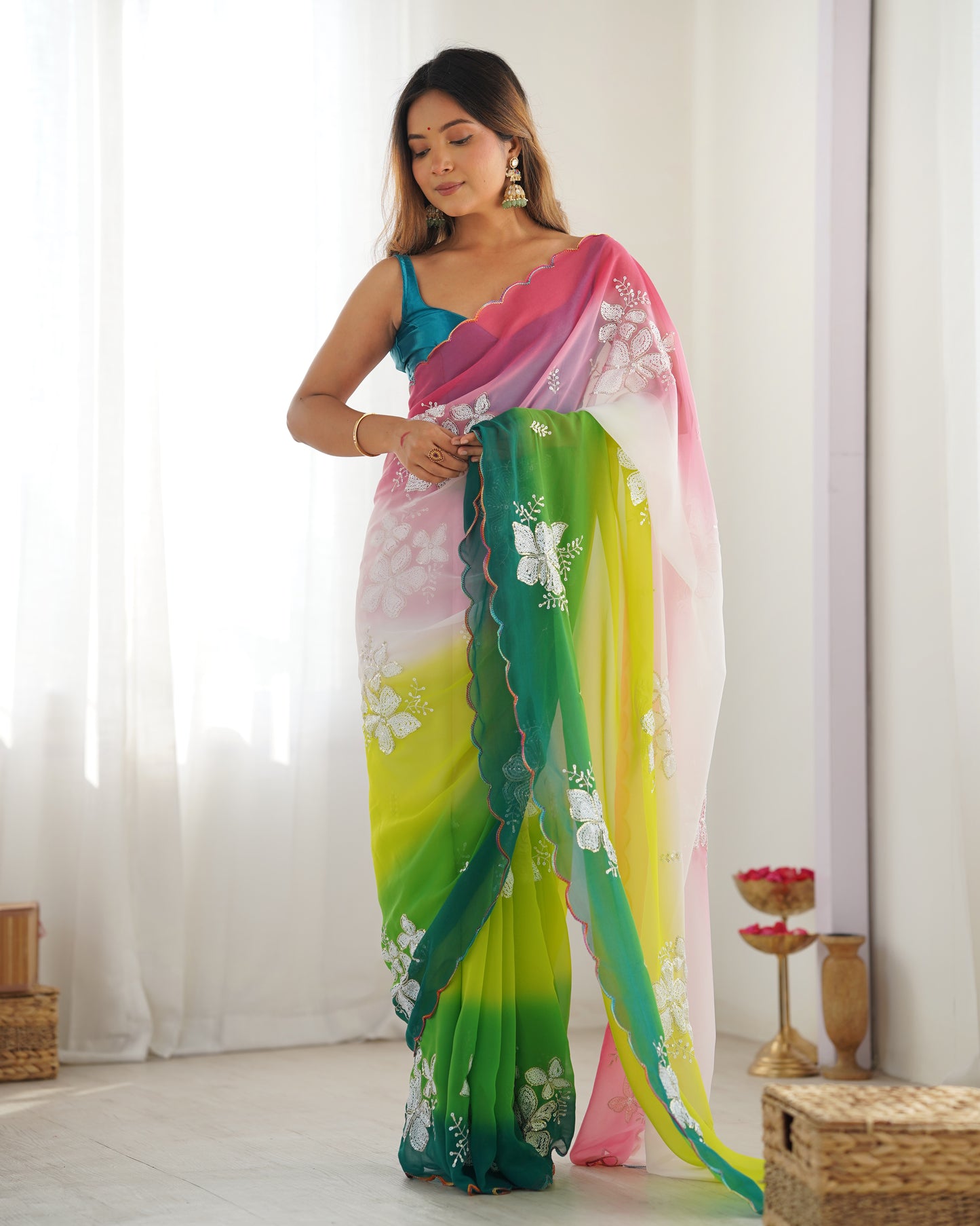 Green & Rama Georgette Party Wear Saree | Dual Shaded with Designer Sequin Embroidery Couture