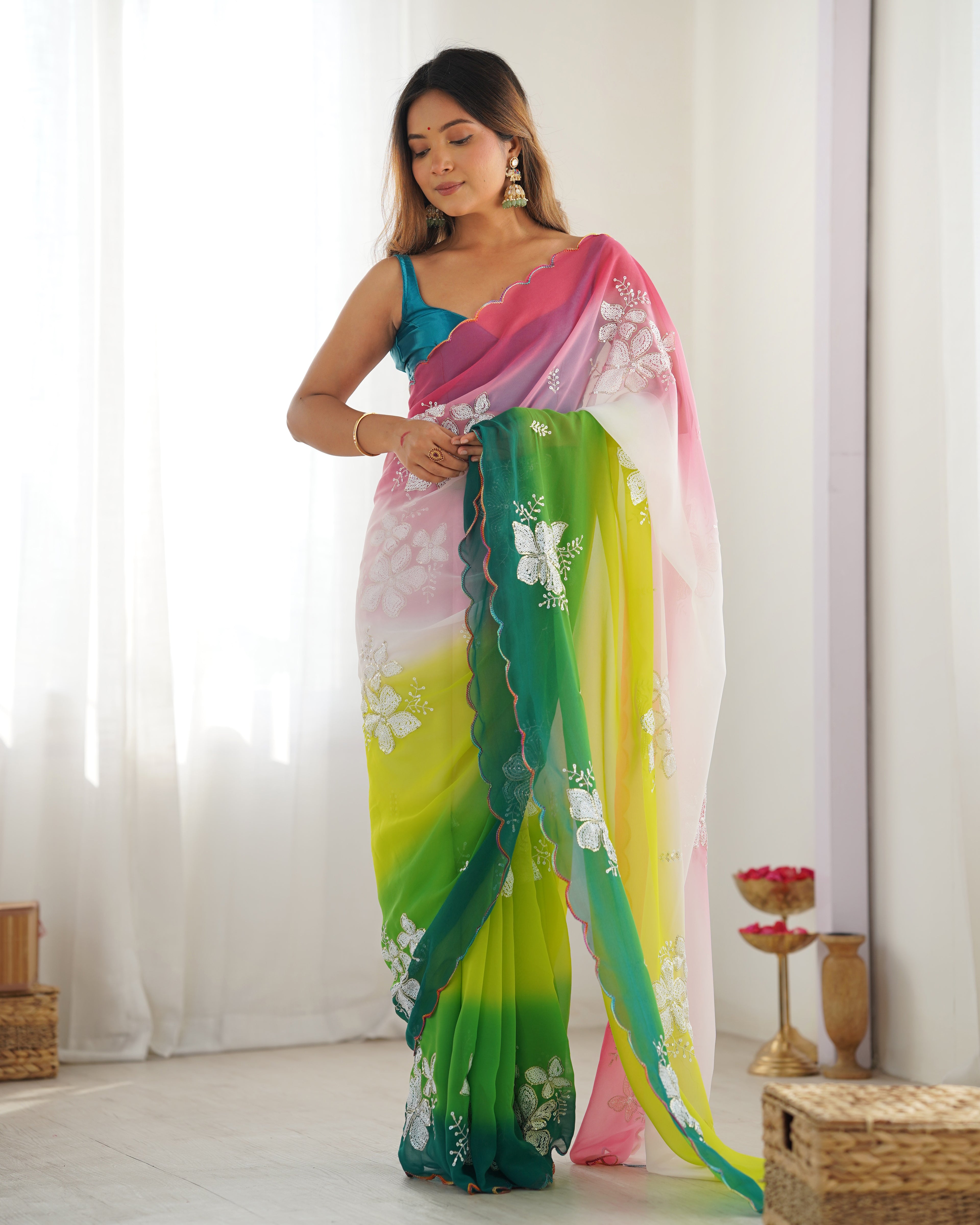 Green & Rama Georgette Party Wear Saree | Dual Shaded with Designer Sequin Embroidery Couture