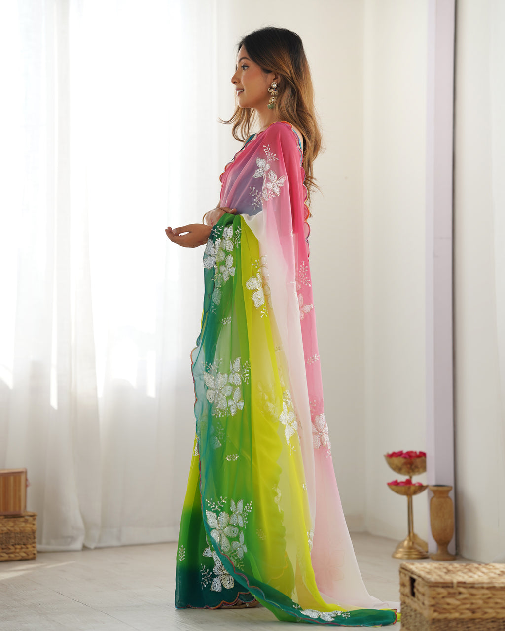 Green & Rama Georgette Party Wear Saree | Dual Shaded with Designer Sequin Embroidery Couture