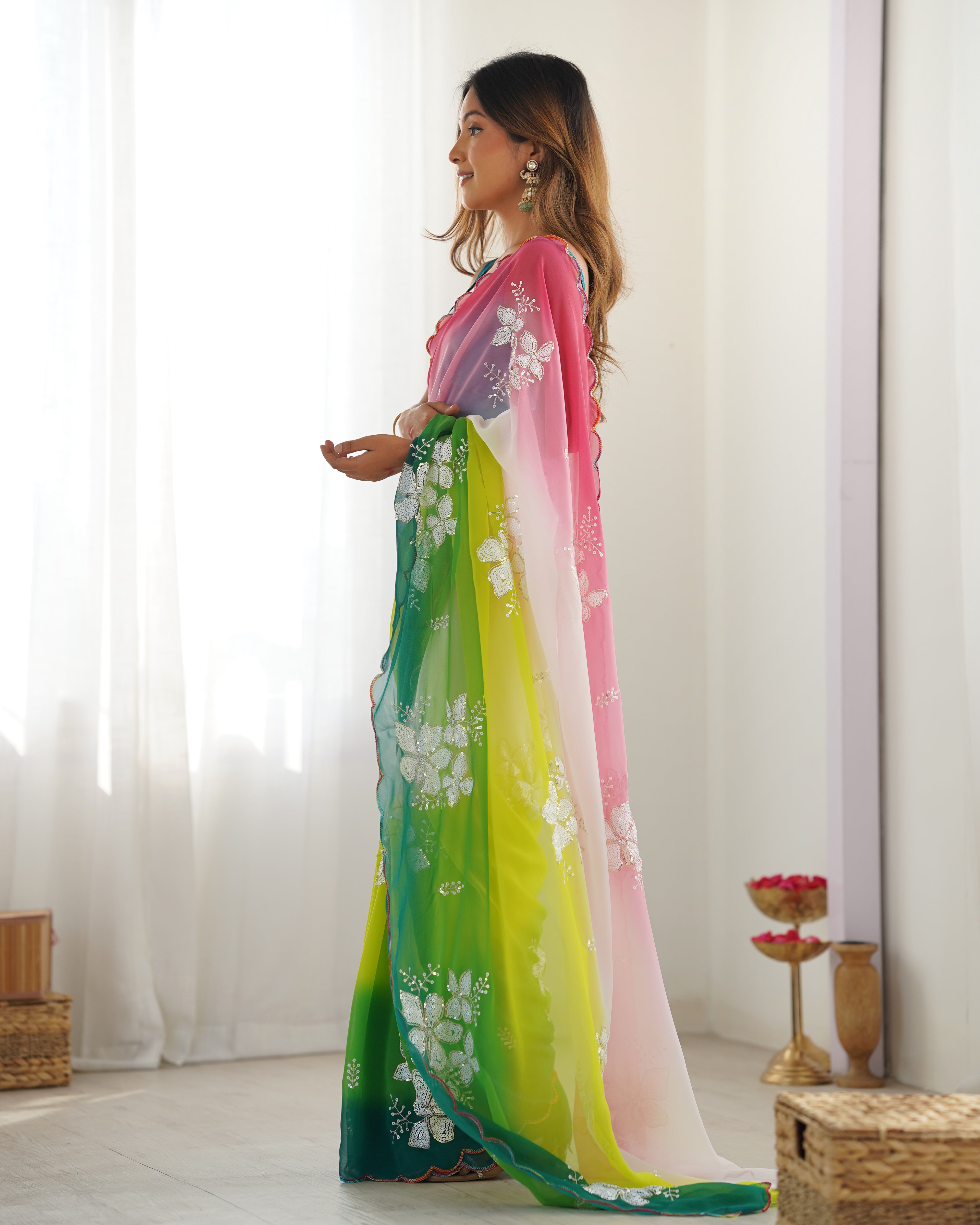 Green & Rama Georgette Party Wear Saree | Dual Shaded with Designer Sequin Embroidery Couture