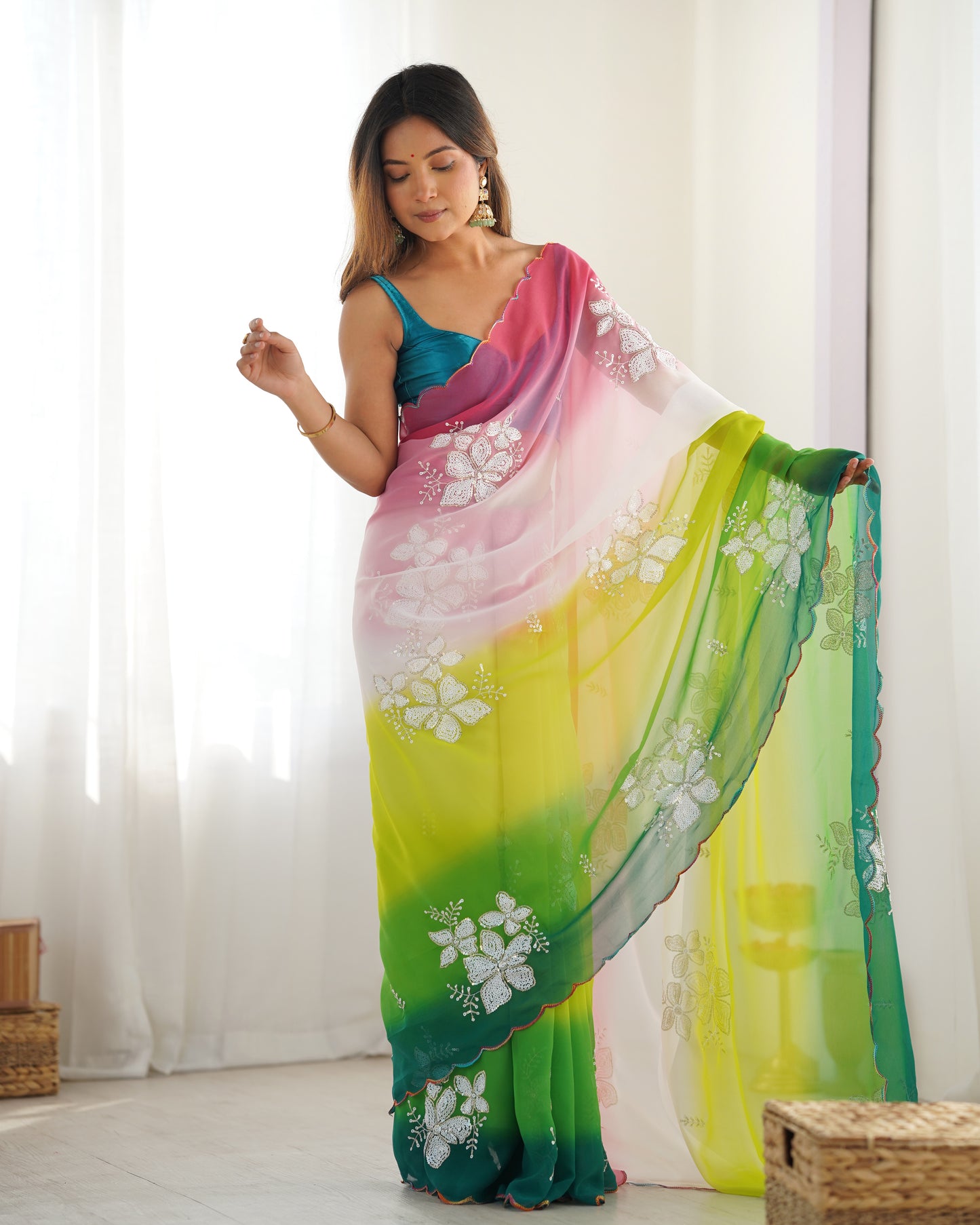 Green & Rama Georgette Party Wear Saree | Dual Shaded with Designer Sequin Embroidery Couture
