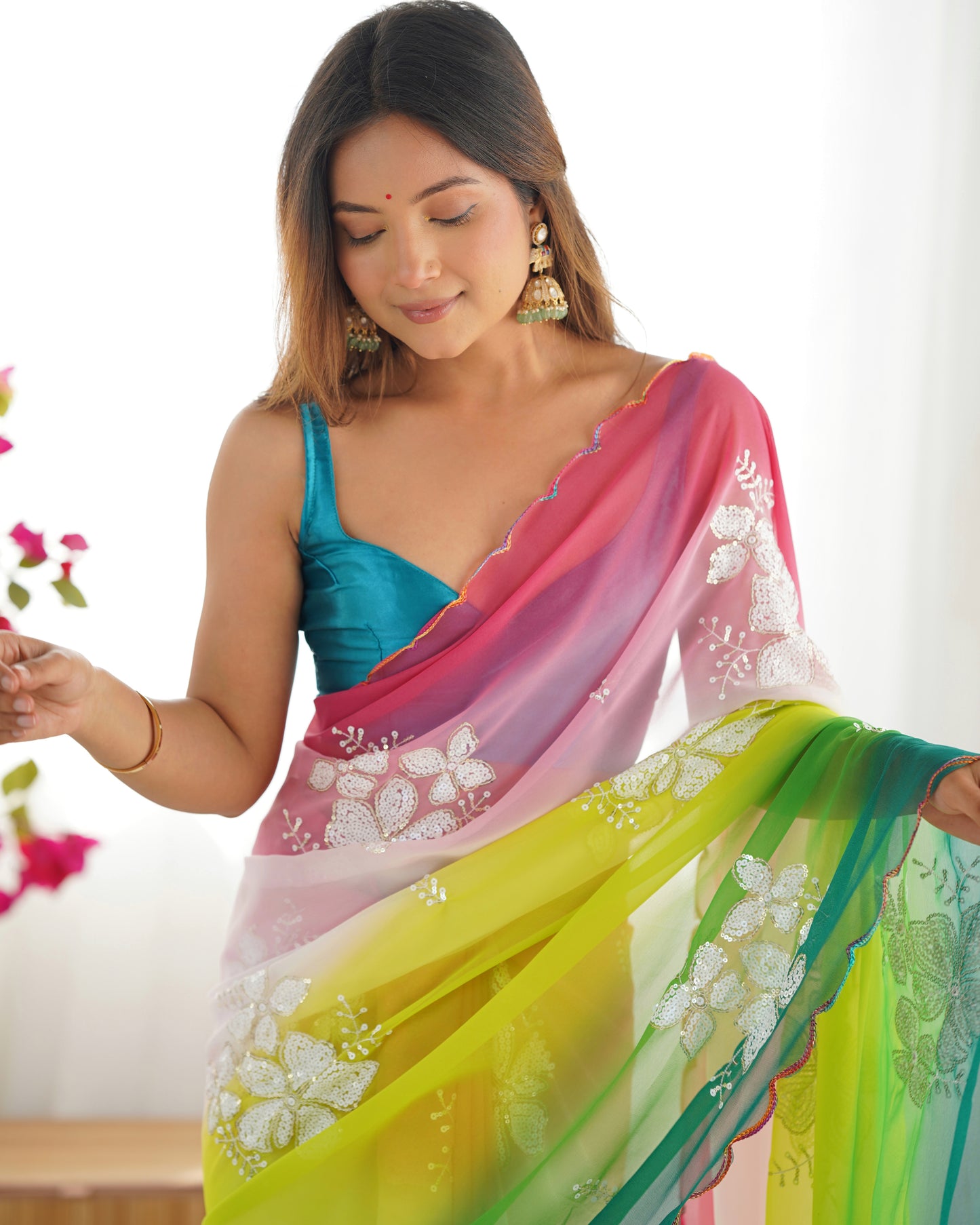 Green & Rama Georgette Party Wear Saree | Dual Shaded with Designer Sequin Embroidery Couture